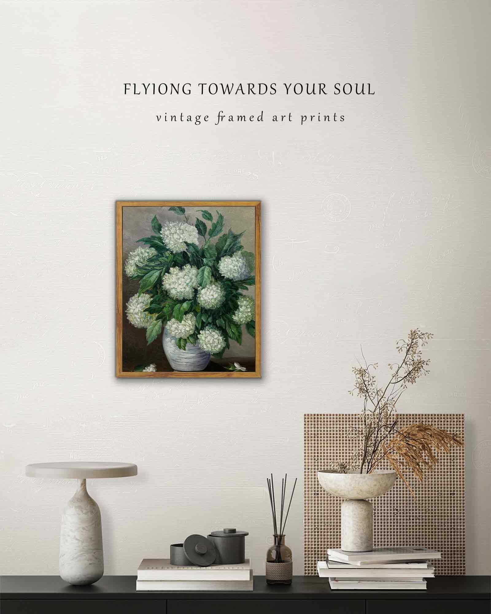 Drsoum Framed Canvas Wall Decor Vintage Classical White Hydrangea Flower Room Artwork for Bathroom Bedroom Living Room - 8x10in Natural Framed