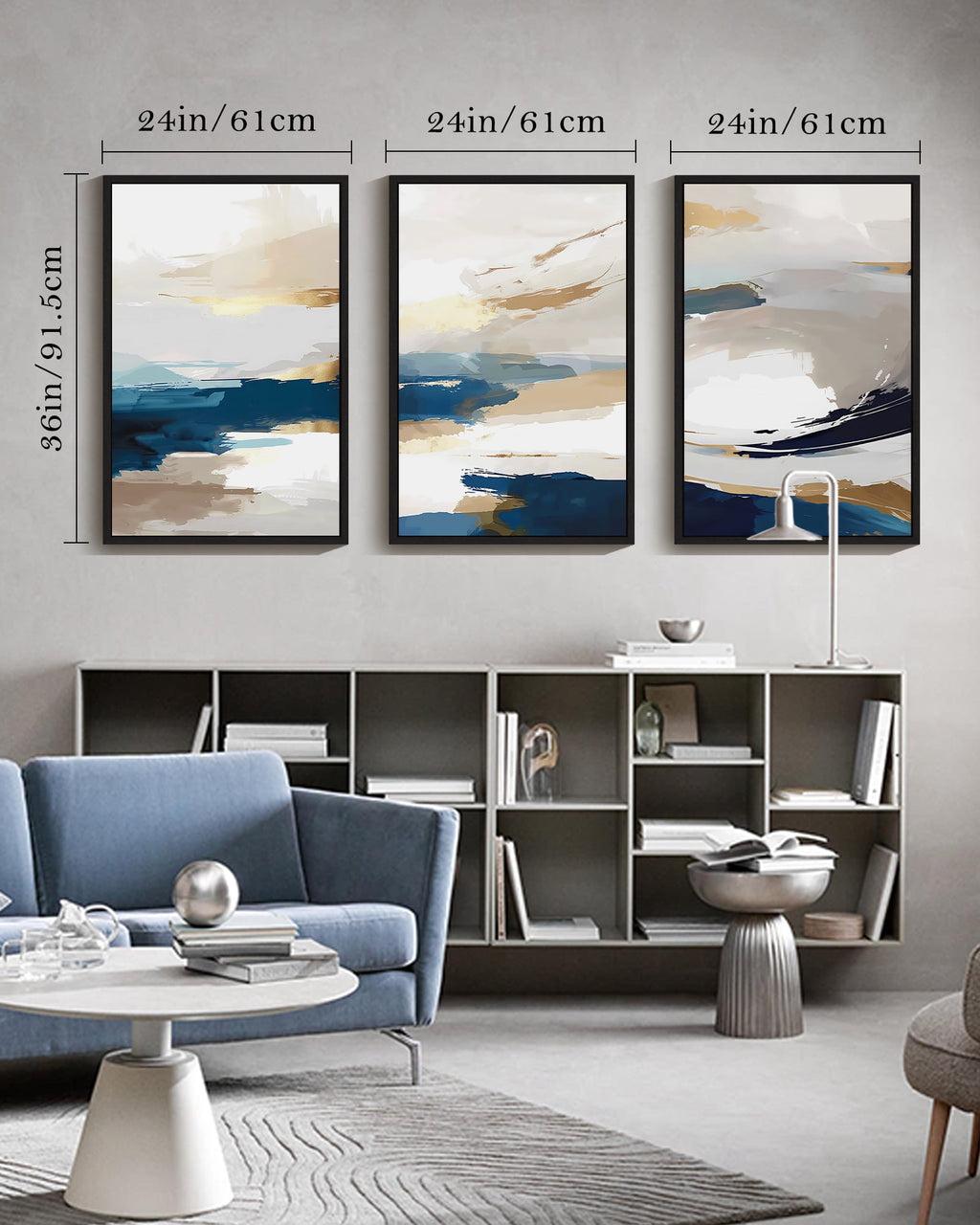 Drsoum Large Blue Abstract Wall Art 24x36in3pcs Black Framed Modern Minimalist Painting Decor Graffiti Artwork