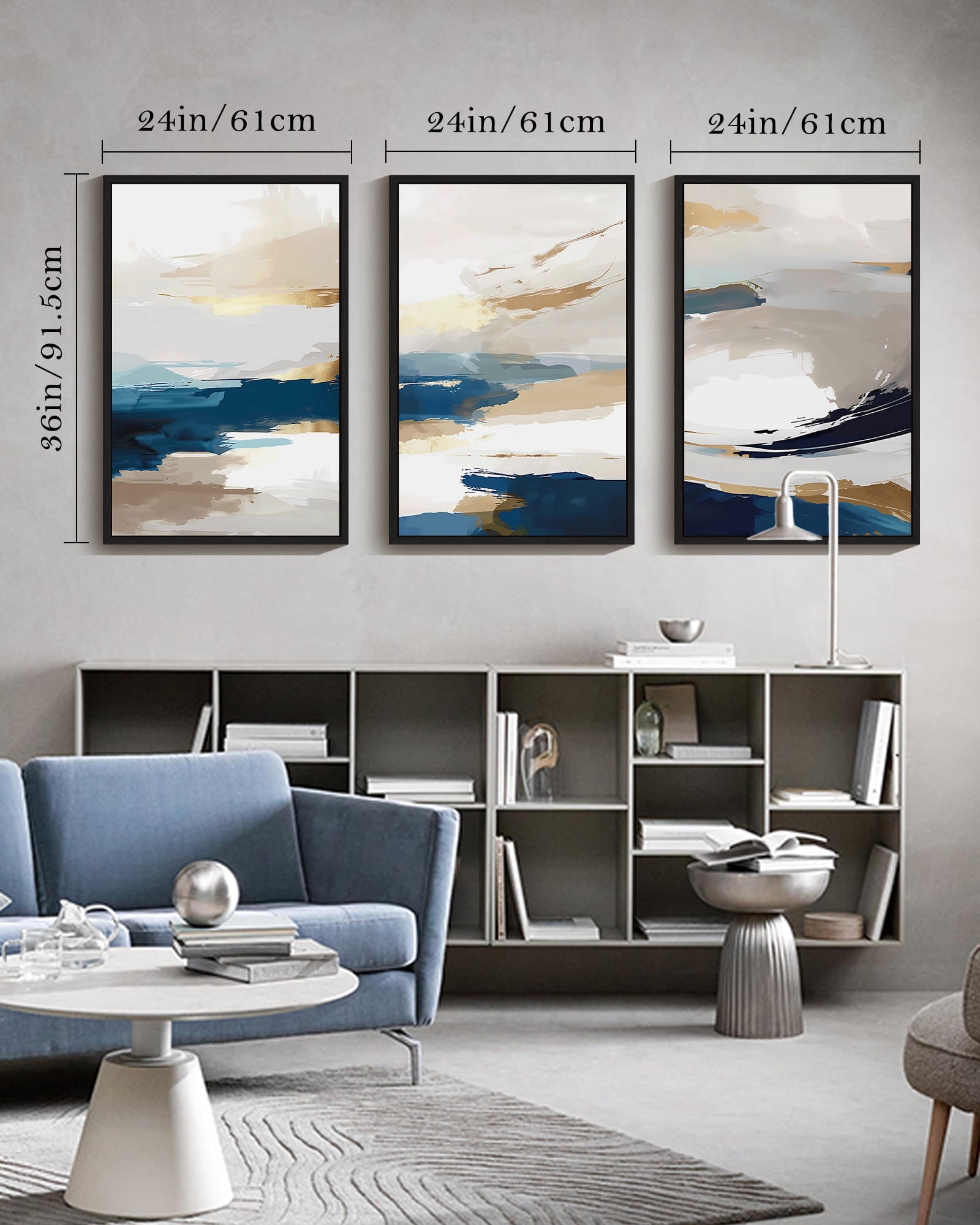Drsoum Large Blue Abstract Wall Art 24x36in3pcs Black Framed Modern Minimalist Painting Decor Graffiti Artwork