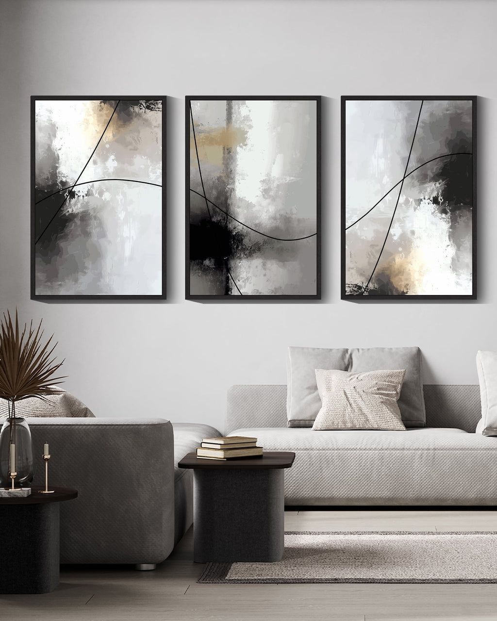 Drsoum Large Abstract Wall Art 24x36in3pcs Black Framed Black Line Modern Minimalist Painting Decor Graffiti Artwork