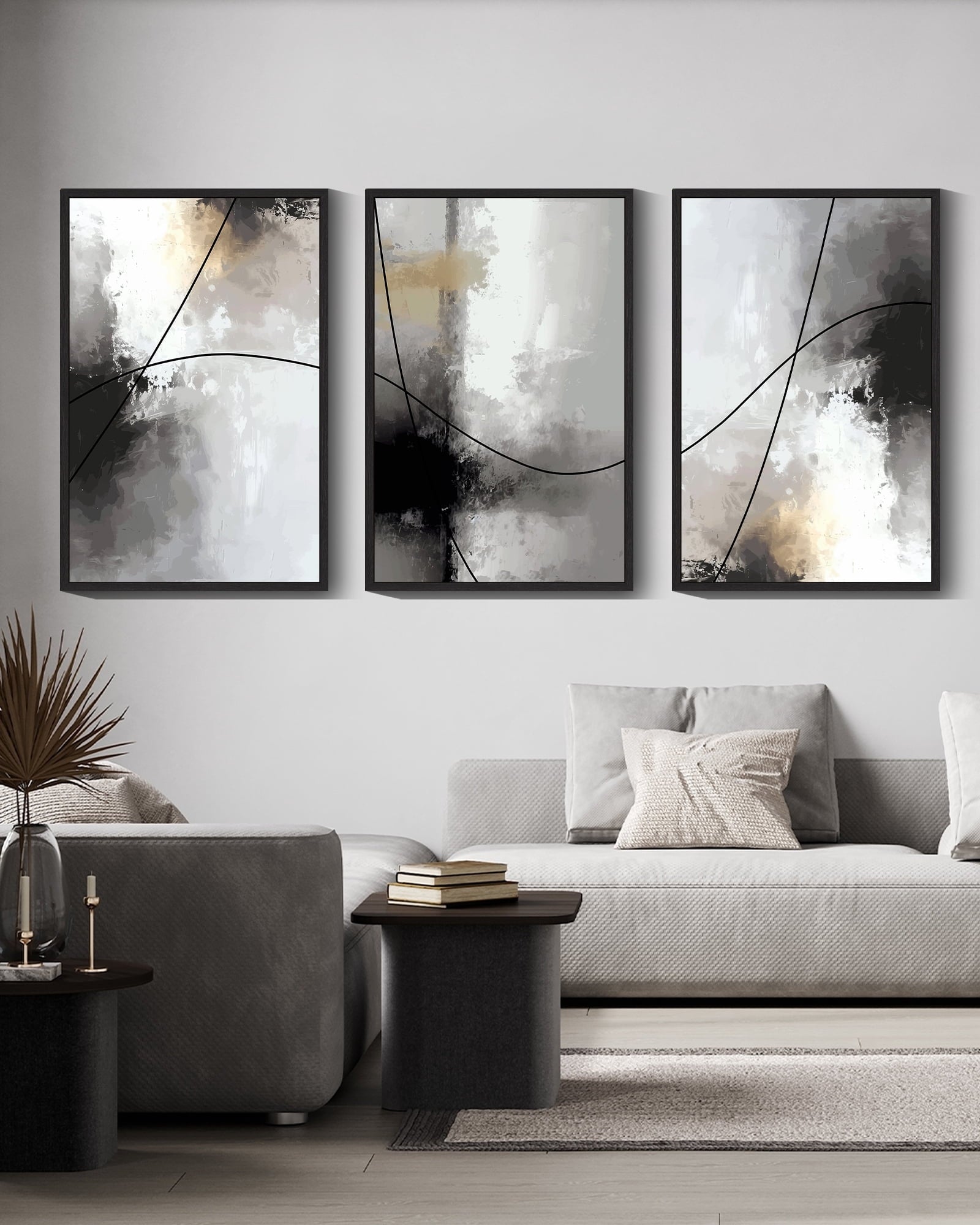 Drsoum Large Abstract Wall Art 24x36in3pcs Black Framed Black Line Modern Minimalist Painting Decor Graffiti Artwork