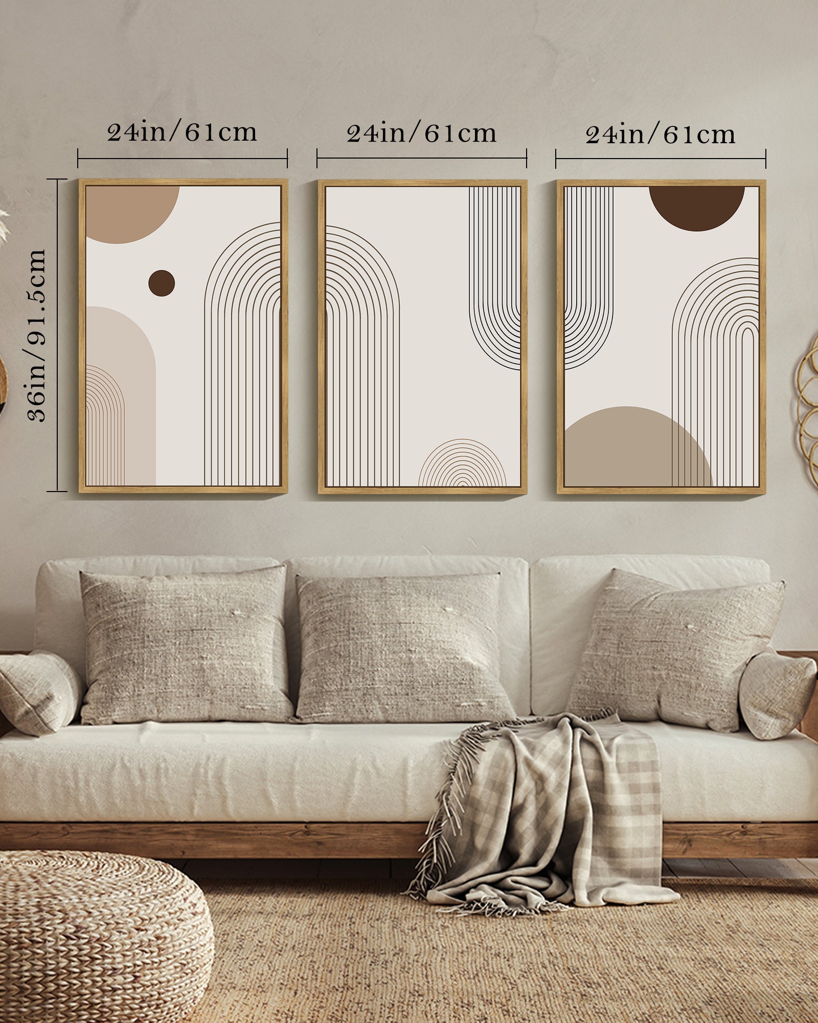 Drsoum Boho Wall Art 24x36in3pcs Large Natural Framed Minimalist Bohemain Wall Printing Abstract Canvas Prints Decor