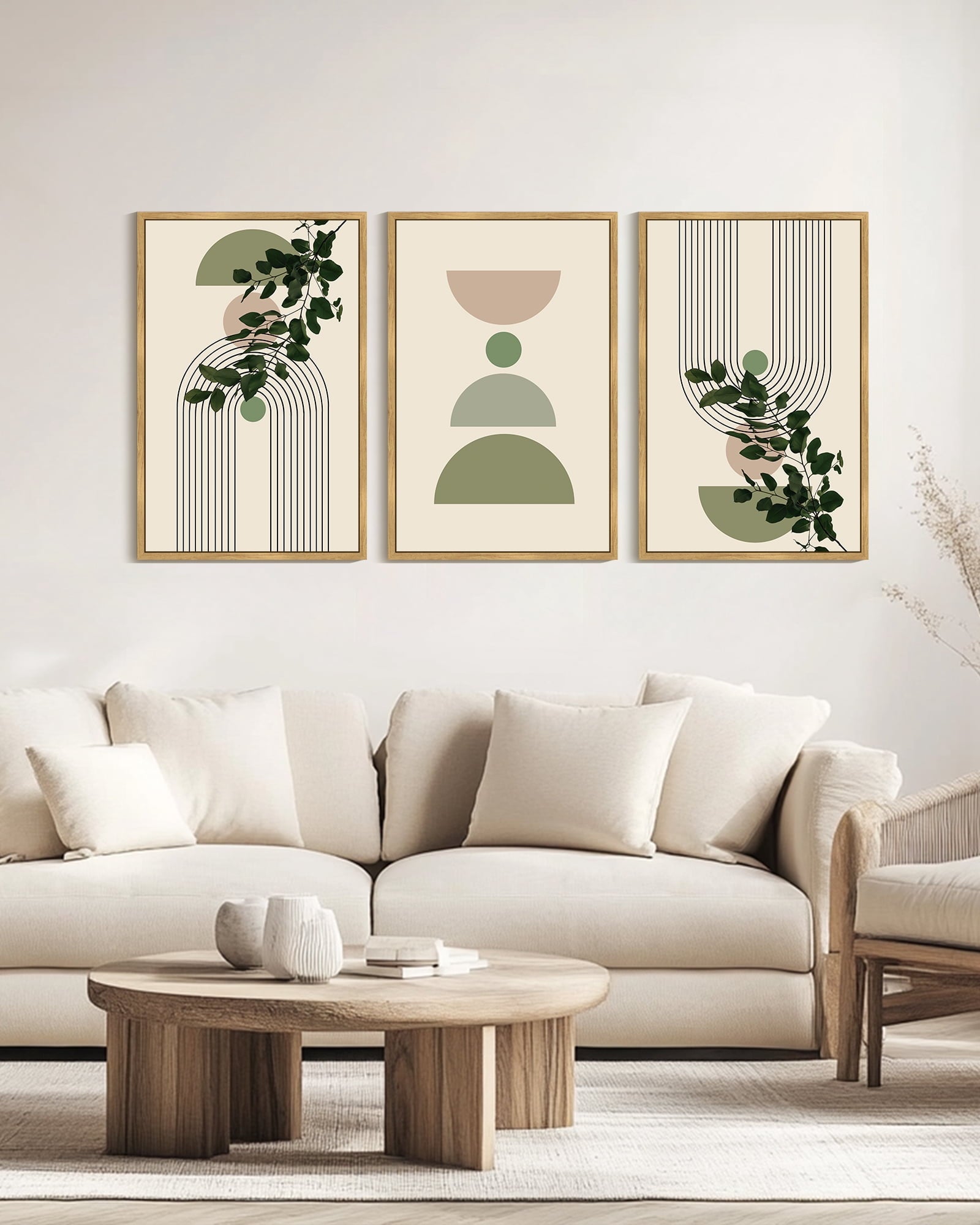 Drsoum Large 24x36in3pcs Natural Framed Bohemia Modern Prints with Green Leaf Wall Art Bedroom Living Room Decor