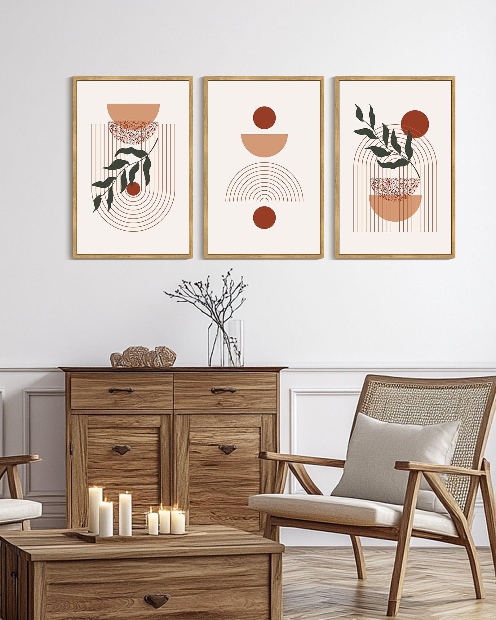 Drsoum Large 24x36in3pcs Natural Framed Boho Wall Decor Leaf Bohemia Decor Modern Abstract Geometry Painting for Kitchen Hallway