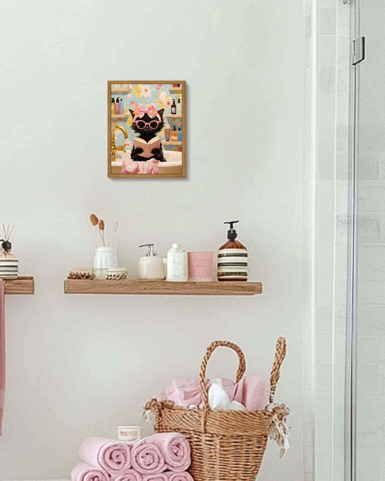 Drsoum Black Cat Canvas Wall Art Pink Fashion Bubble Bath Wall Decor Paintings Cute Animal Poster Prints Rustic Aesthetic Home Decor for Bathroom 8x10in Brown Framed