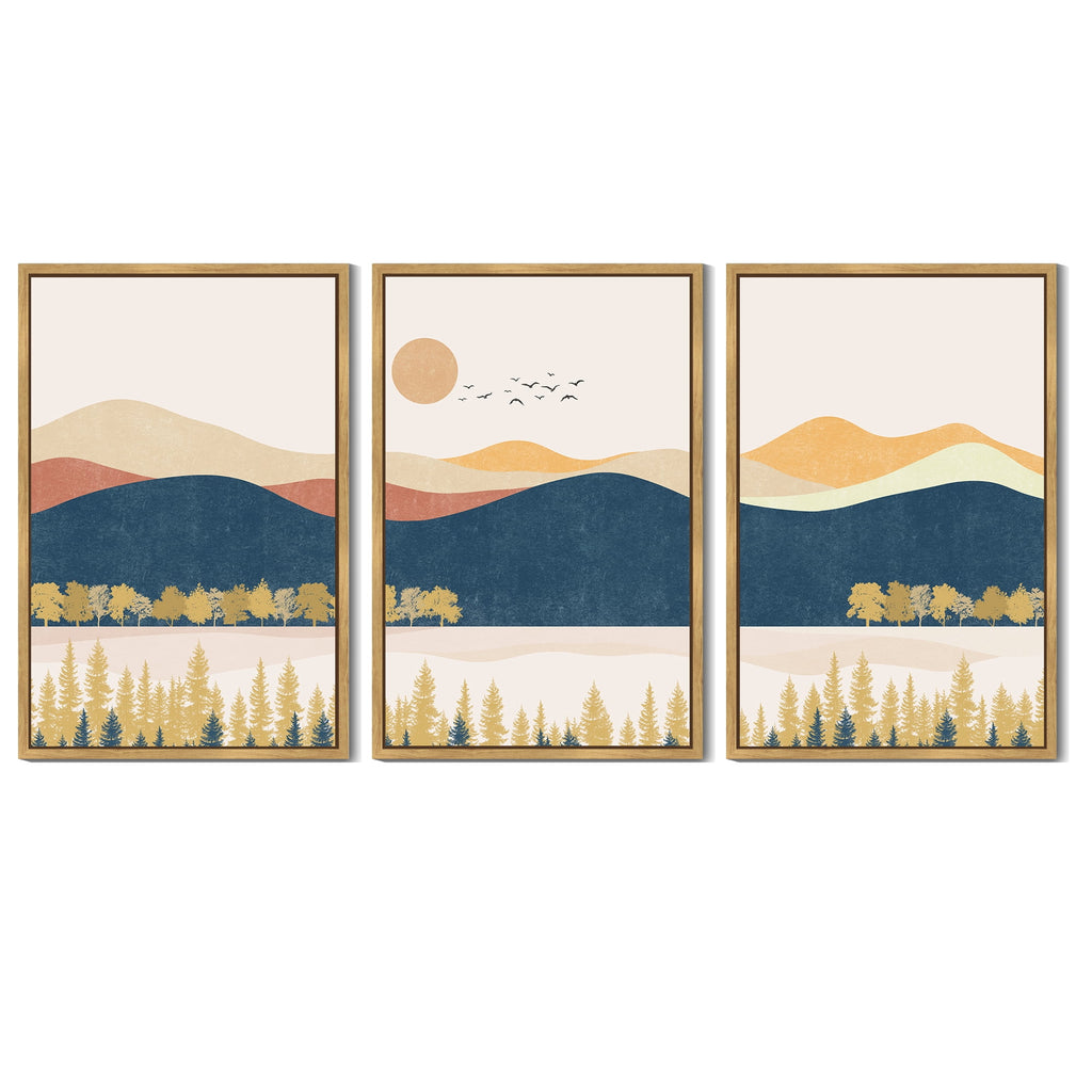 Drsoum Landscape Mountain Wall Art 16x24in3pcs Natural Framed Set Lake Sunrise Pine Tree Forest Art for Living Room Bedroom