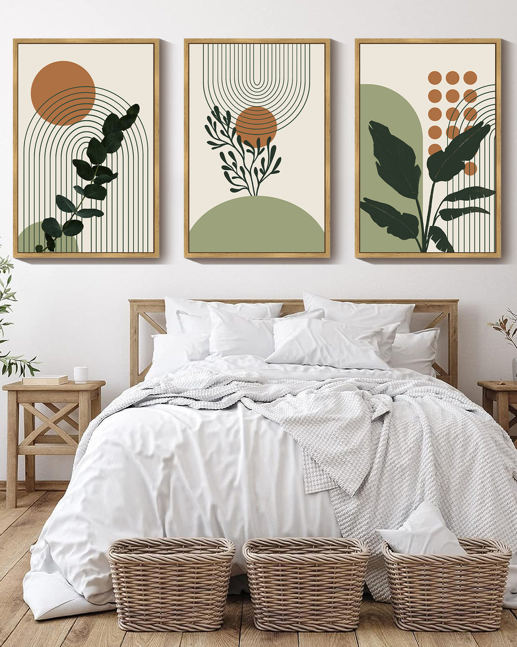 Green Botanical Bohemain Wall Boho Plant Wall Art Printing Abstract Canvas Prints with Leaf & Sun Lines for Office Dining Room Hallway 24x36in Natural Framed