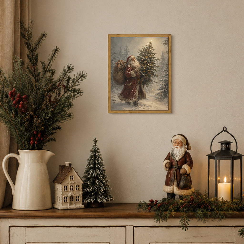 Drsoum Santa Claus With Lighted Tree Wall Art Festive Christmas Decor for Living Room 8x10 Inch Framed Canvas Prints