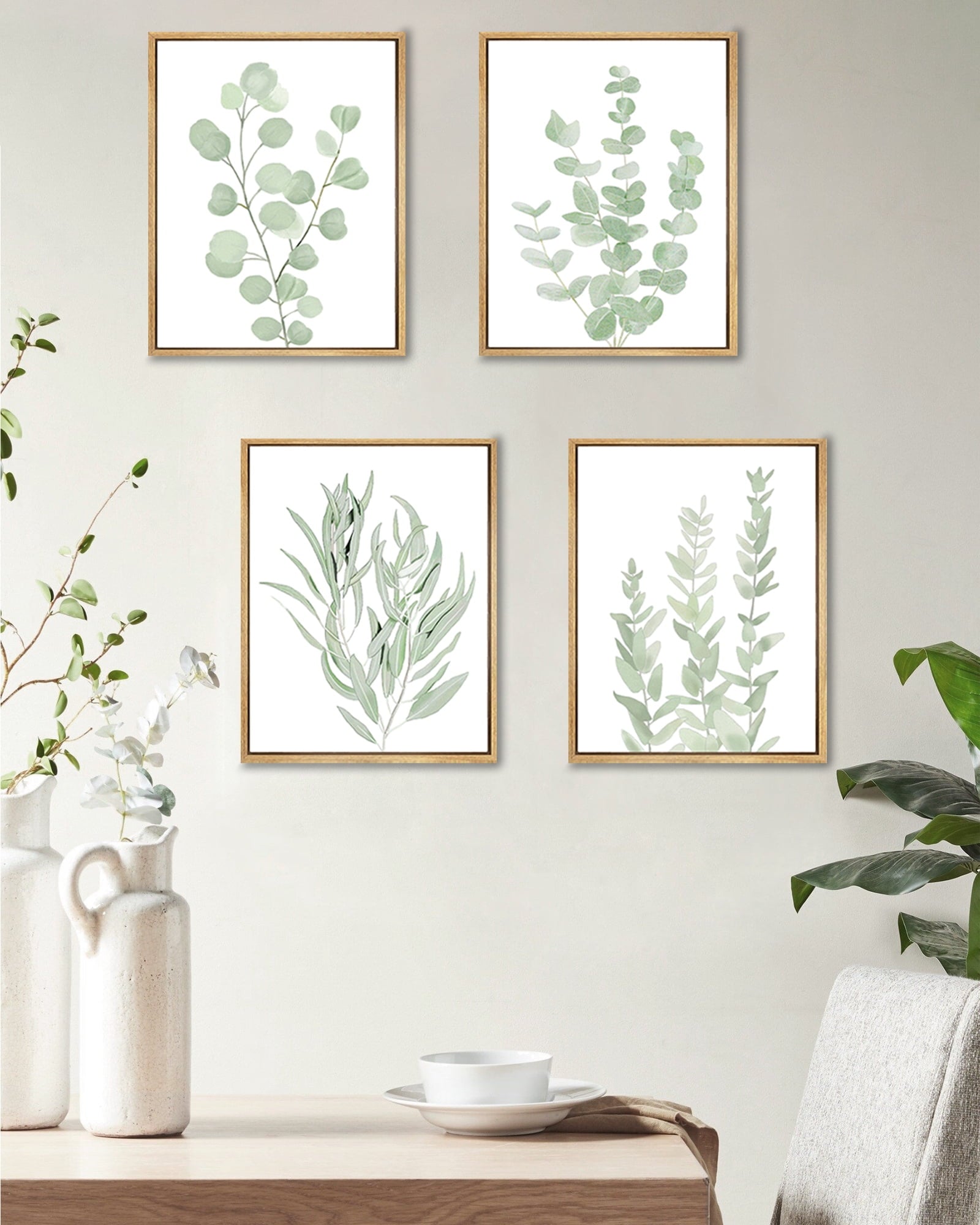 Drsoum Framed Botanical Plant Canvas Wood Wall Art Green Sage Eucalyptus Leaf Picture 8"x10"x4pcs
