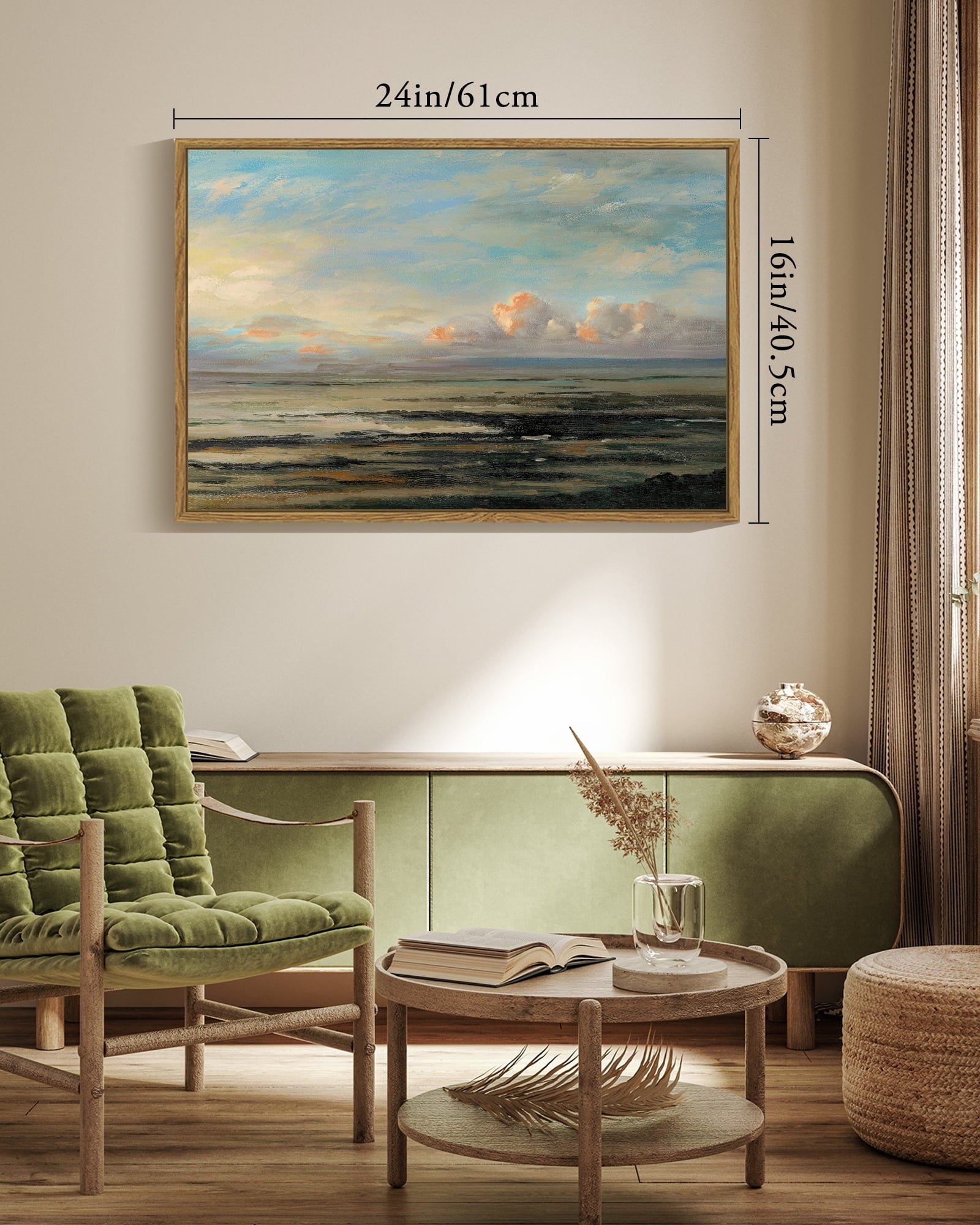 Drsoum Vintage Wall Art 16x24in Natural Framed Countryside Vast Field Grassland Artwork for Bathroom Office Kitch
