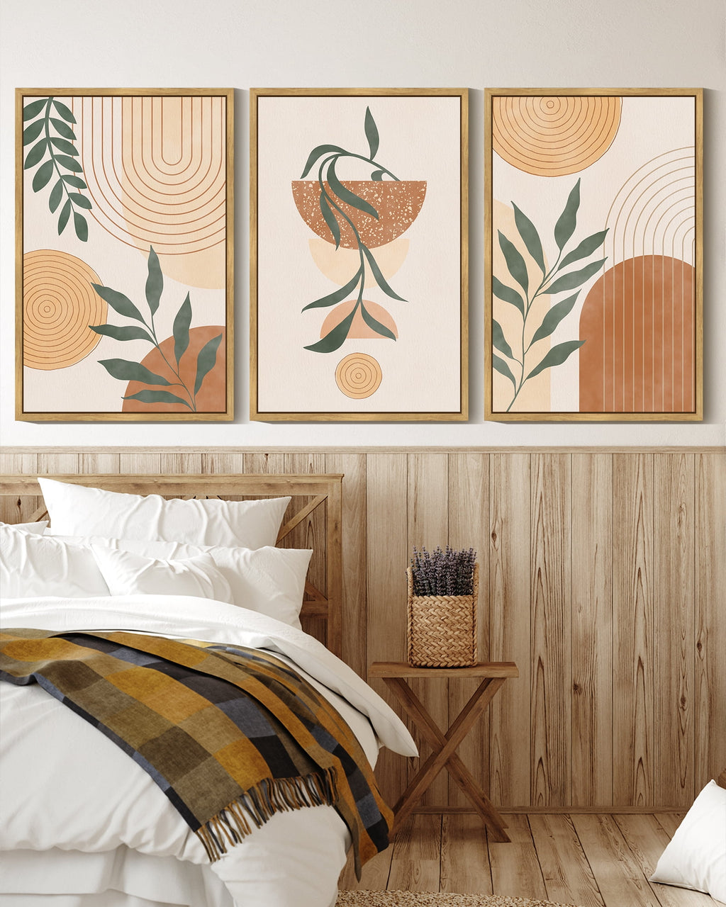 Drsoum Bohemia Wall Art 16x24in3pcs Natural Framed Plant Boho Decor Room Mid Century Modern Abstract Sun Phases Painting