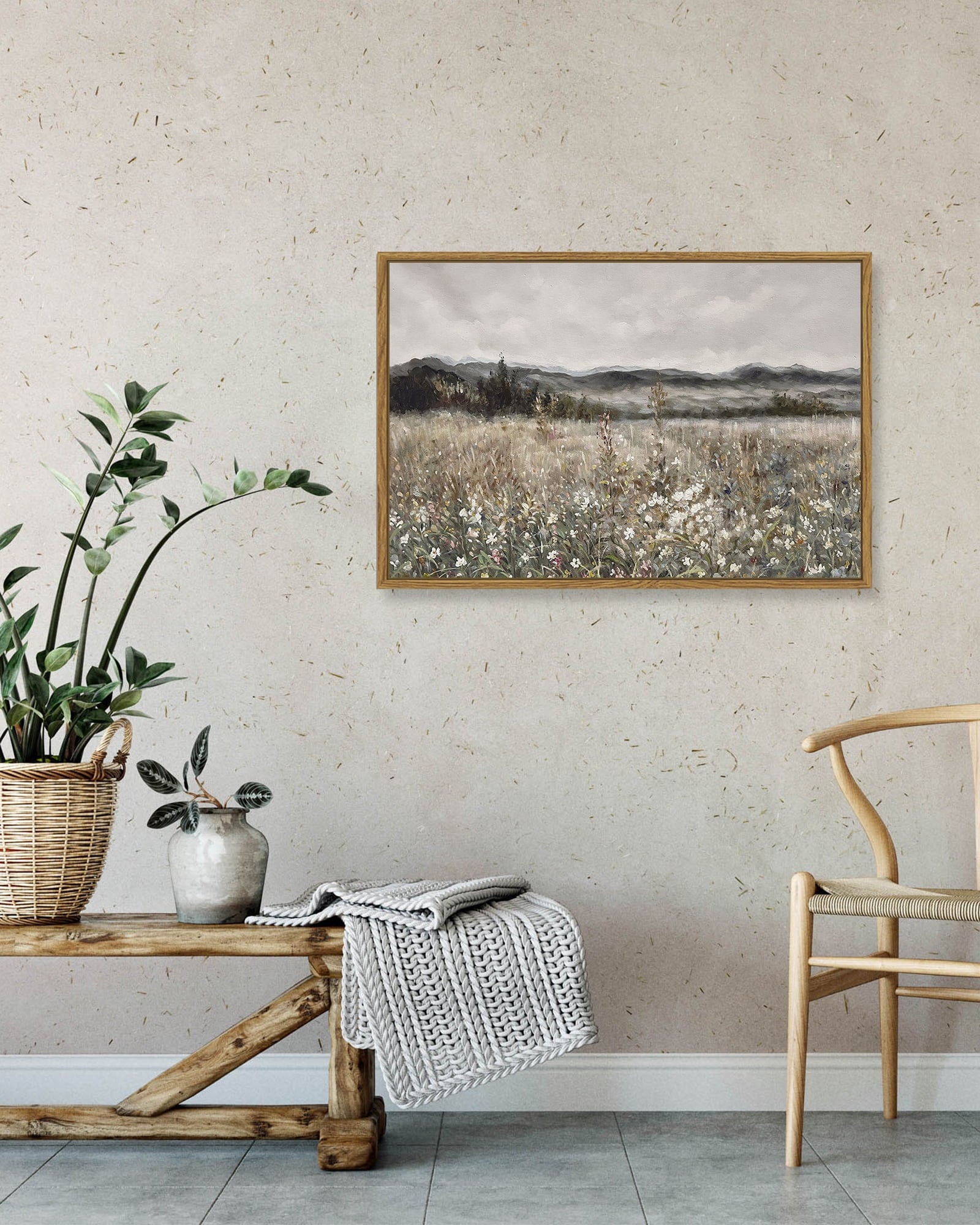 Drsoum Retro Scenery 16x24in Framed Meadow with Flowers Landscape Painting Modern Farmhouse Decor for Living Room