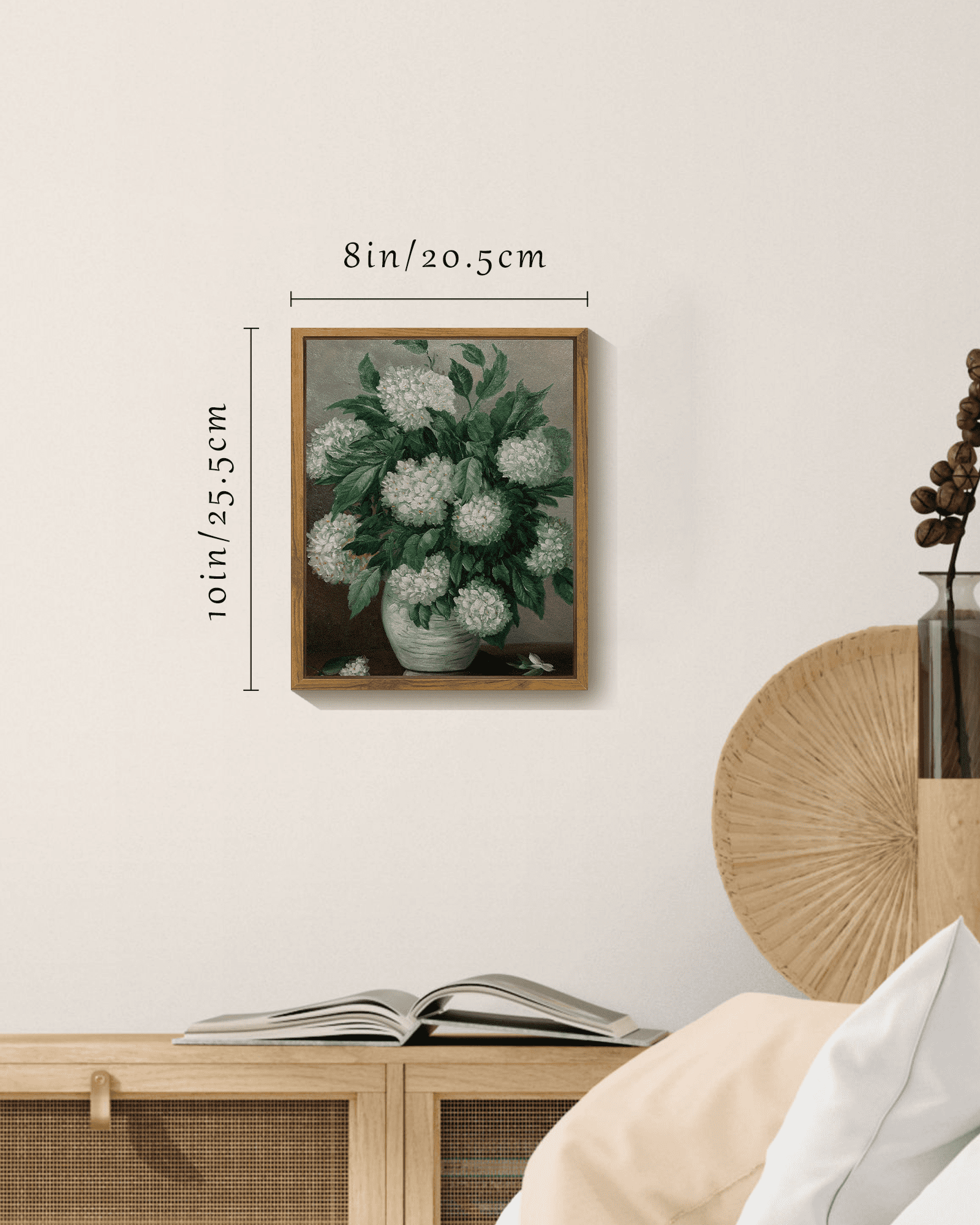 Drsoum Framed Canvas Wall Decor Vintage Classical White Hydrangea Flower Room Artwork for Bathroom Bedroom Living Room - 8x10in Natural Framed