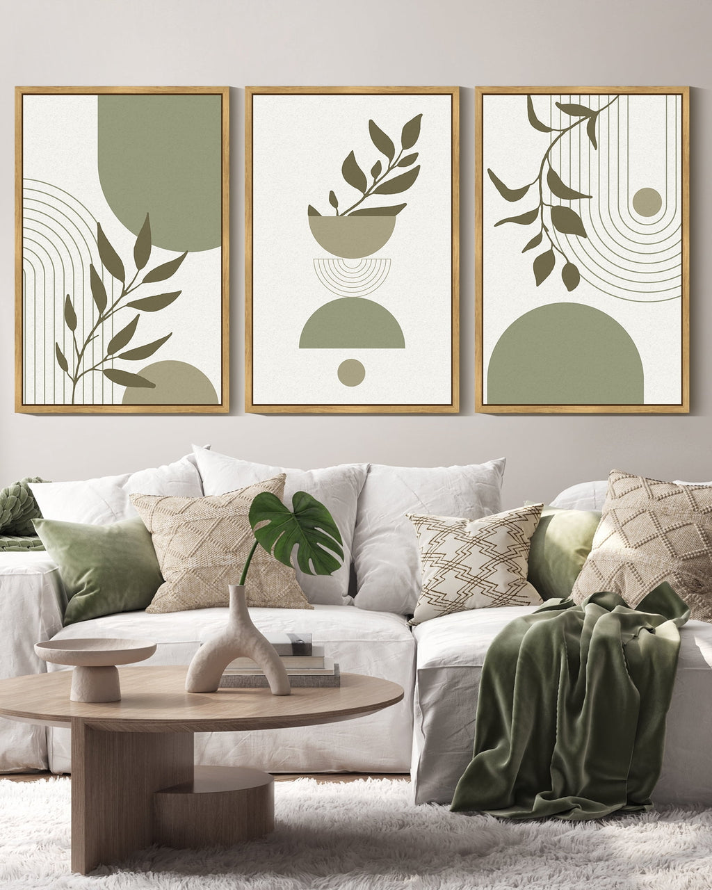 Drsoum Green Botanical Boho Wall Art 16x24in3pcs Natural Framed Modern Boho Decor Abstract Geometry Lines Prints