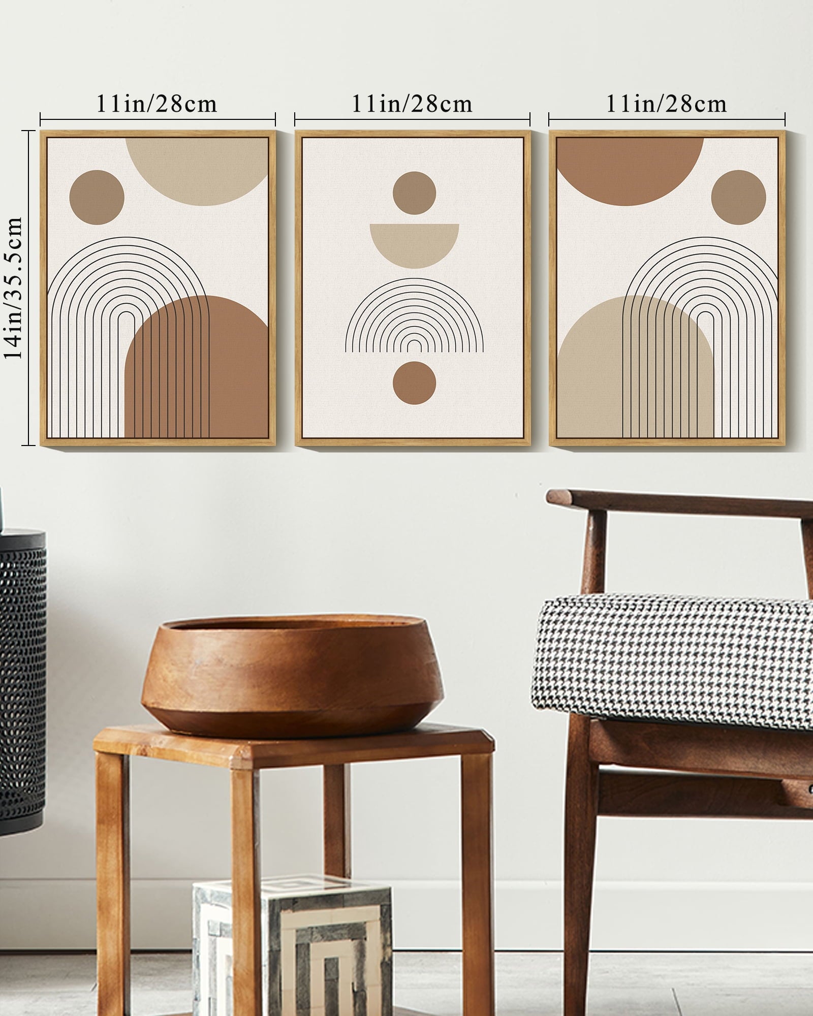 Drsoum Abstract Wall Art Bohemia Line Printing Minimalist for Bathroom Prints with Sun Lines 11x14in3pcs Natural Framed