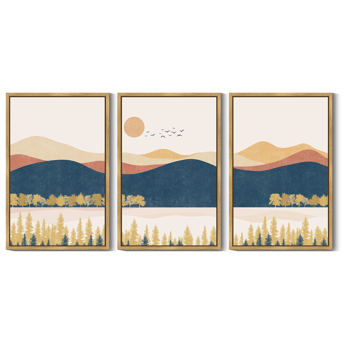 Drsoum Large 24x36in3pcs Natural Framed Landscape Mountain Wall Art Set Lake Sunrise Pine Tree Forest Art for Living Room Bedroom