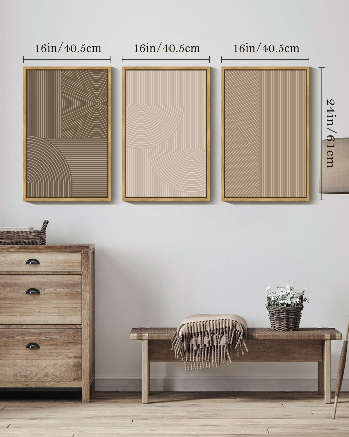 16x24in Natural Framed Minimalist Abstract Framed Wall Art Modern Boho Neutral Line Wall Decor Geometric Artwork Kitchen Dining Room