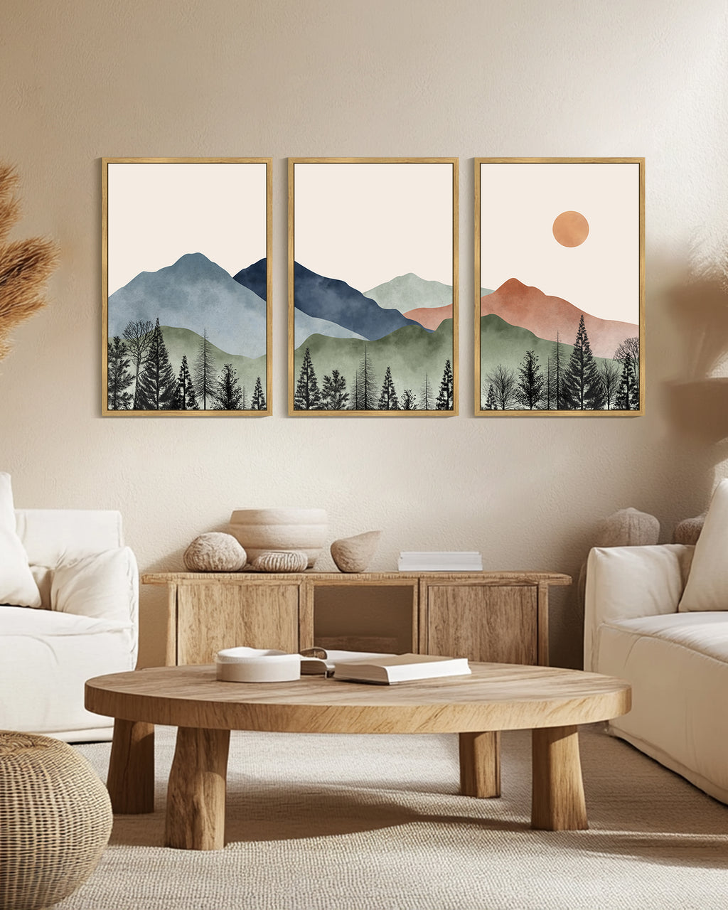 Drsoum Large 24x36in3pcs Natural Framed Mountain Wall Art Classic Retro Floral Wall Prints Farmhouse Kitchen Hallway Bedroom Decor