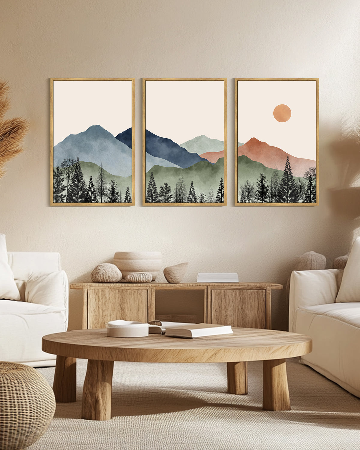 Drsoum Large 24x36in3pcs Natural Framed Mountain Wall Art Classic Retro Floral Wall Prints Farmhouse Kitchen Hallway Bedroom Decor