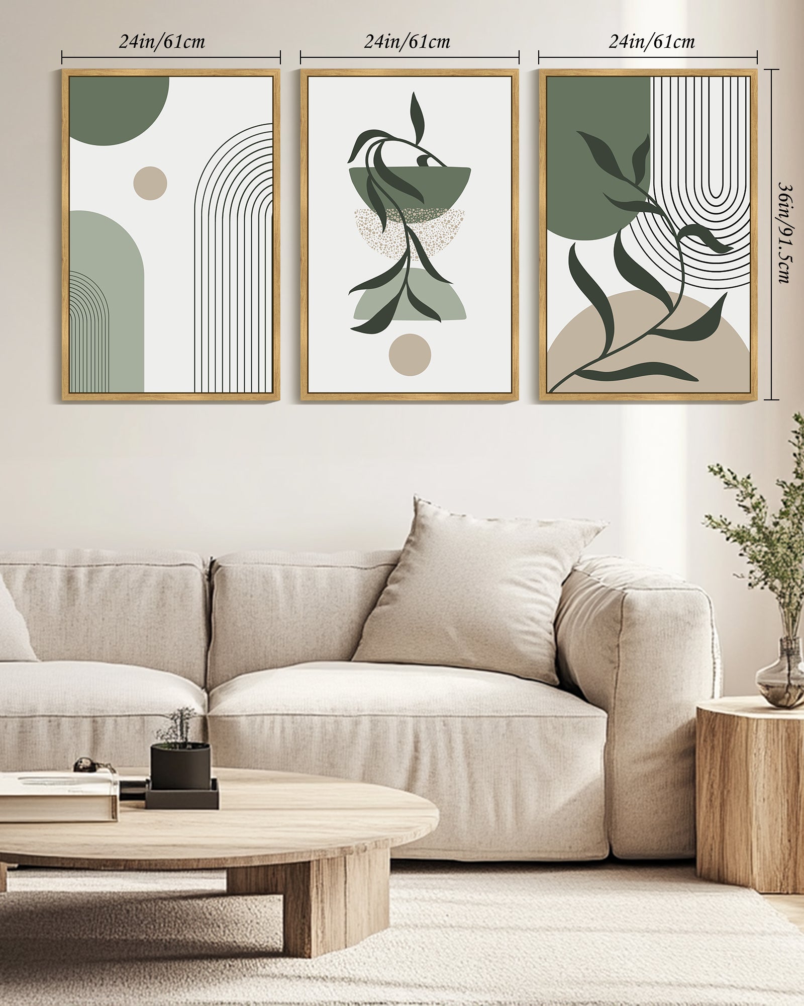 Drsoum Large 24x36in3pcs Natural Framed Boho Wall Art Green Modern Bohemia Wall Decor Abstract Geometry Prints for Bedroom