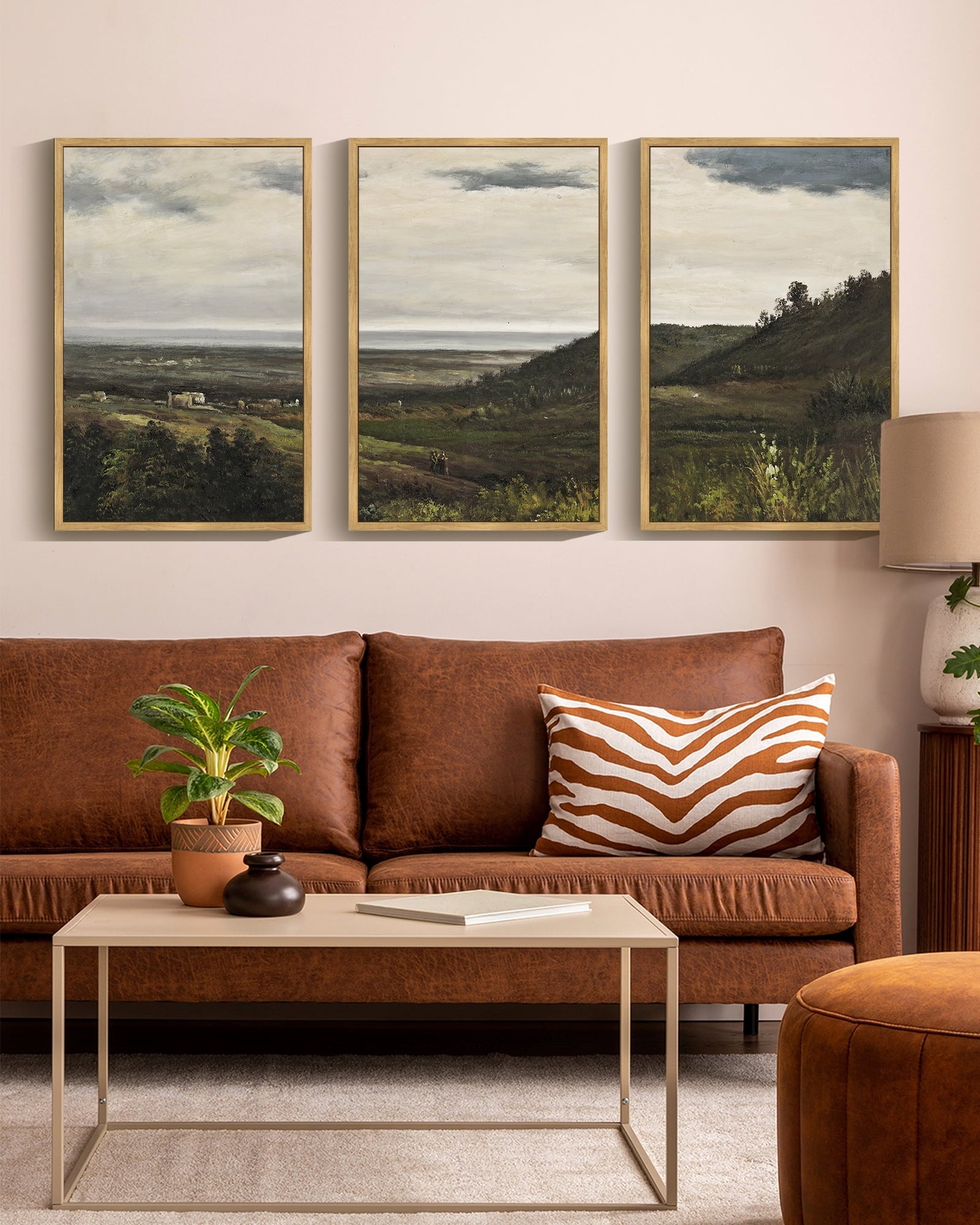 Drsoum Vintage 16x24in3pcs Brown Framed Landscape Wall Art Wilderness Mountain Retro Classic Farmhouse Paints Rustic