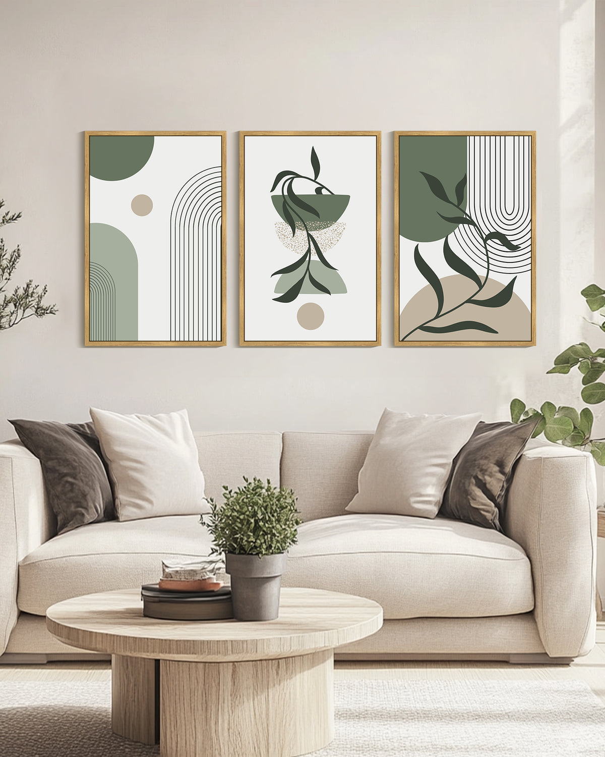 Drsoum Large 24x36in3pcs Natural Framed Boho Wall Art Green Modern Bohemia Wall Decor Abstract Geometry Prints for Bedroom