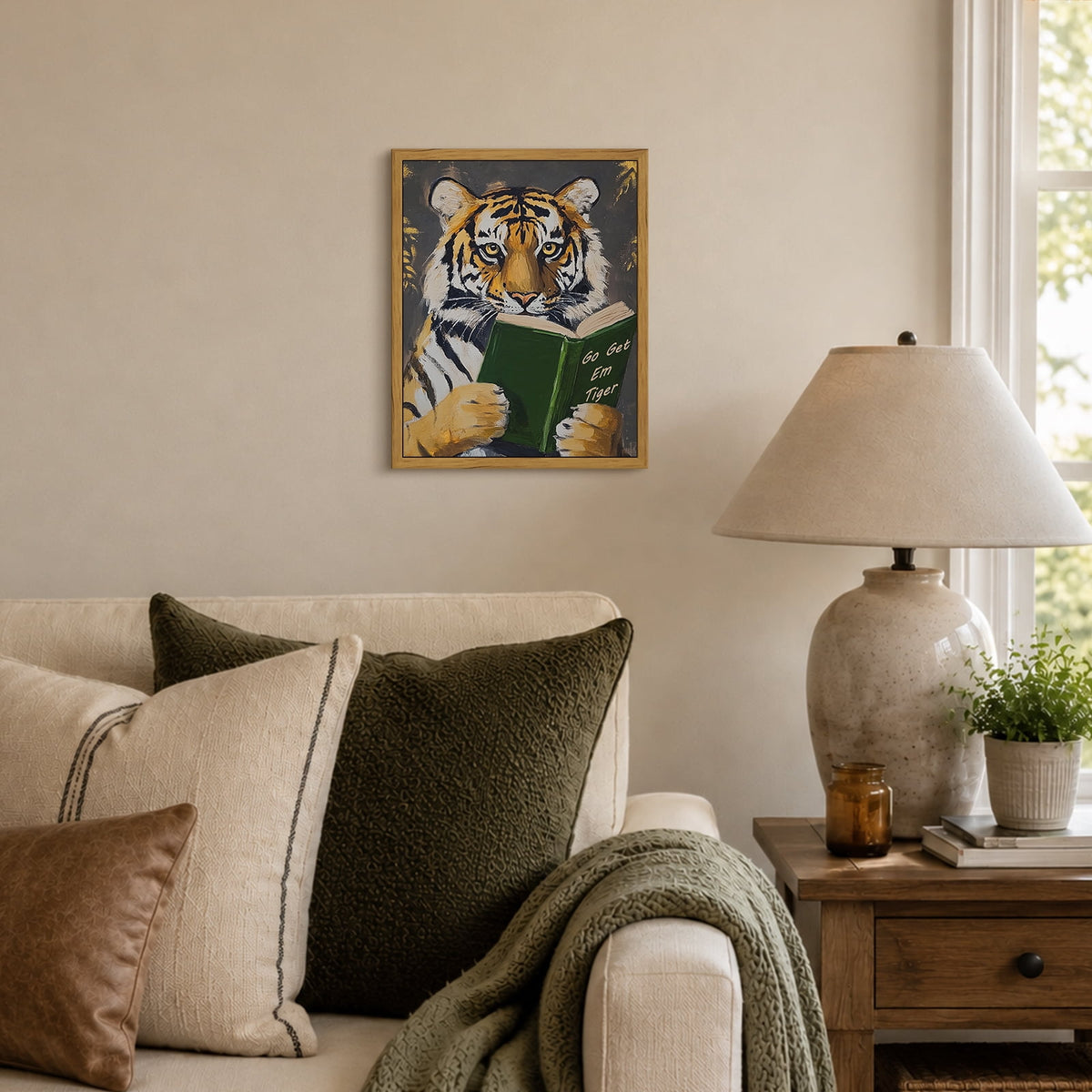 Drsoum Vintage Tiger Reading Book Wall Art Framed Canvas 8x10 In
