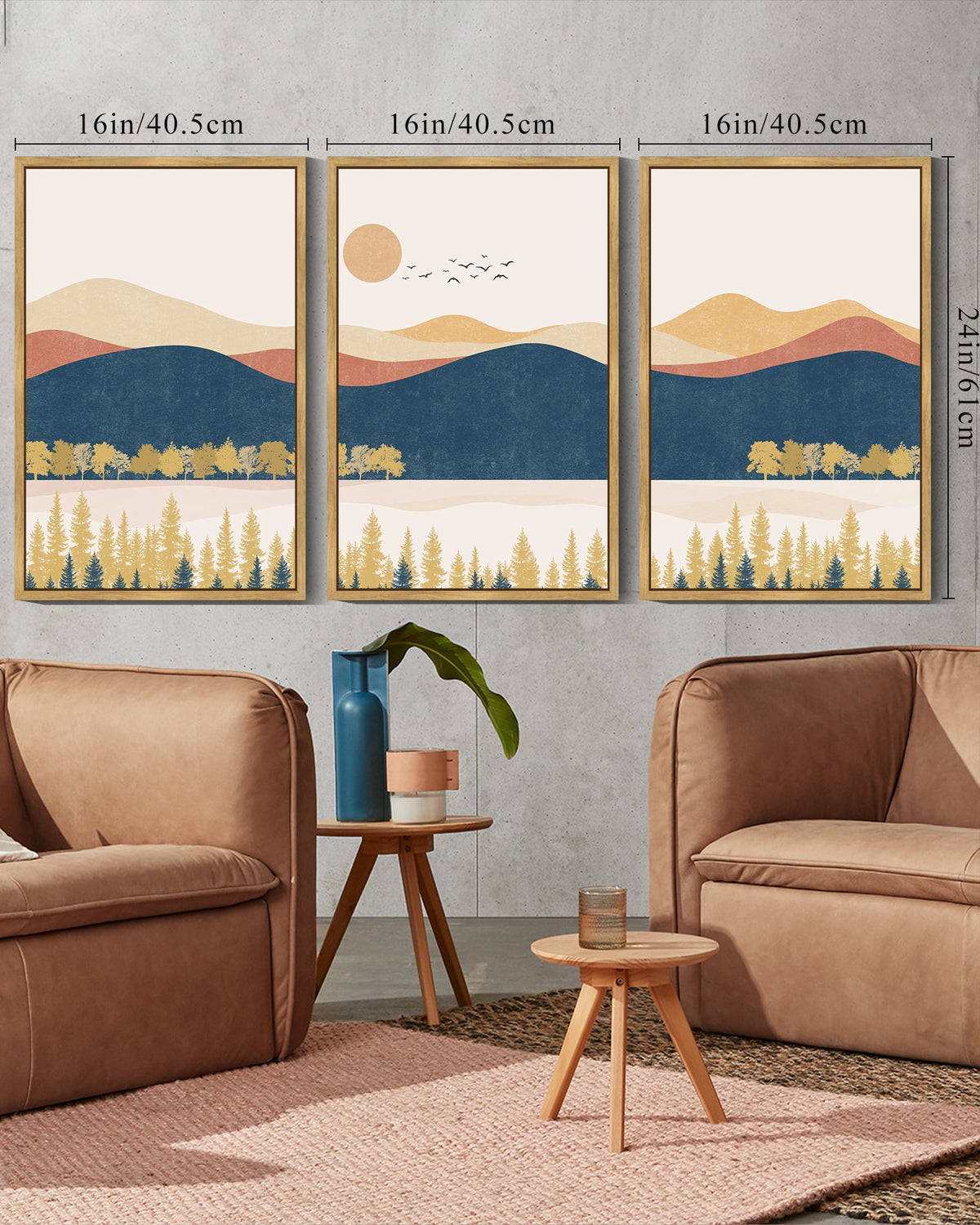 Drsoum Landscape Mountain Wall Art 16x24in3pcs Natural Framed Set Lake Sunrise Pine Tree Forest Art for Living Room Bedroom