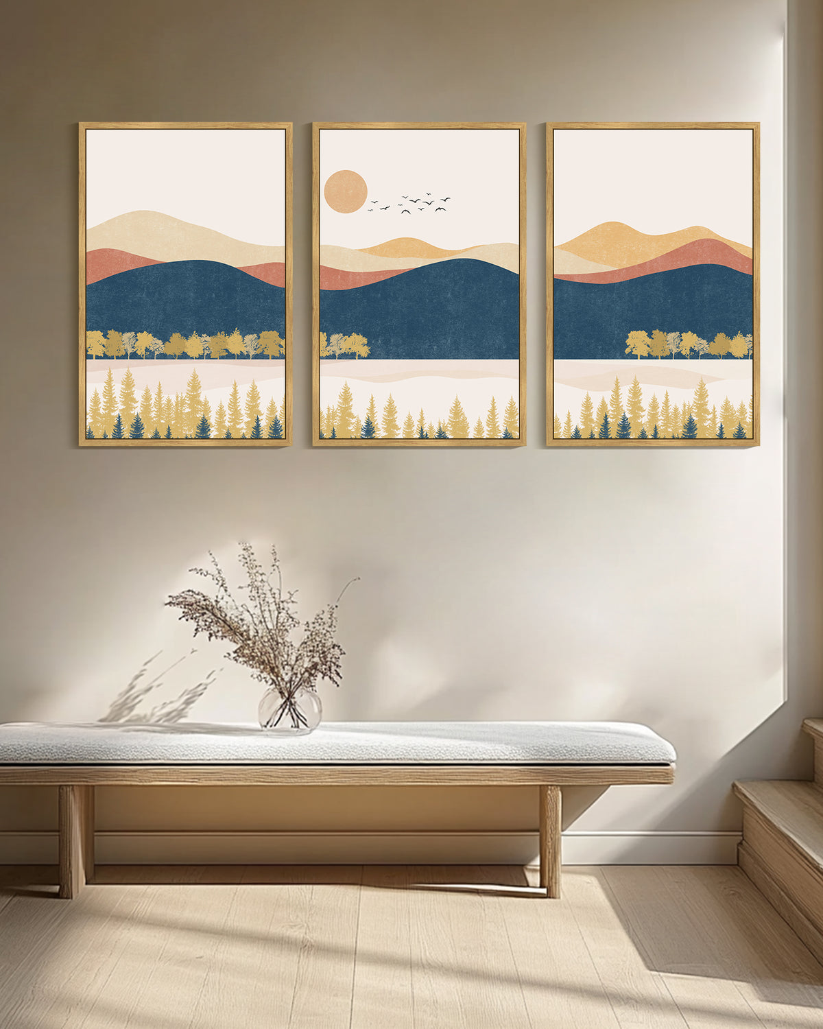 Drsoum Large 24x36in3pcs Natural Framed Landscape Mountain Wall Art Set Lake Sunrise Pine Tree Forest Art for Living Room Bedroom