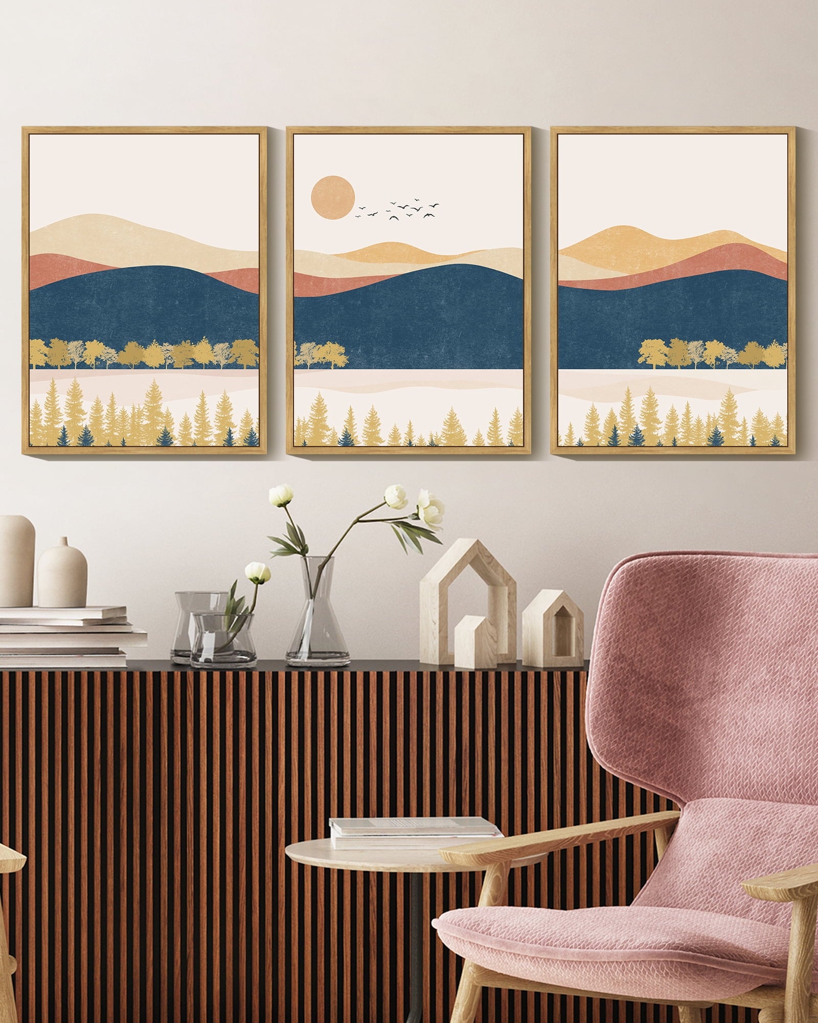 Drsoum Landscape Mountain Wall Art Set Lake Sunrise Pine Tree Forest Art for Living Room Bedroom 11x14in3pcs Natural Framed