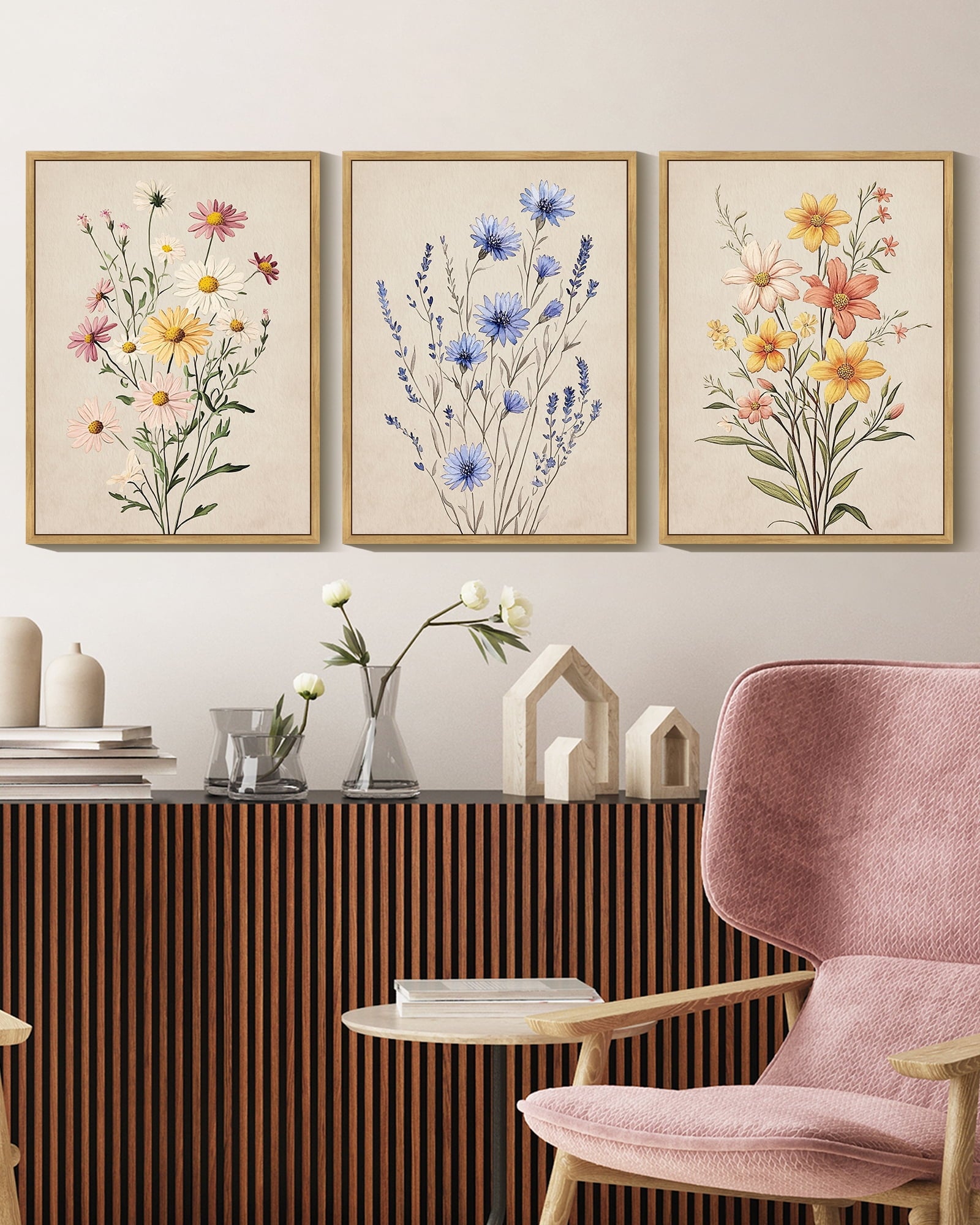 Drsoum Flower Wall Decor Colorful Botanical Pictures Art Bathroom Home Office 11x14in3pcs Natural Framed