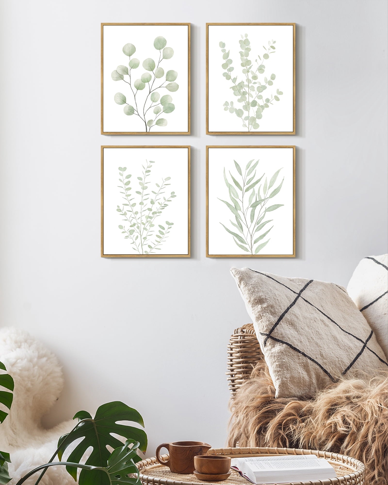 Drsoum Bohemia Wall Art Light Green Botanical Art Boho Leaf Decor for Bedroom Prints for Office 8x10in4pcs Natural Framed