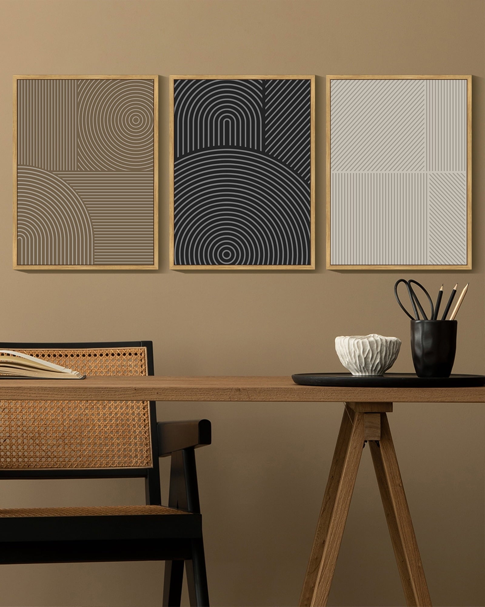 Drsoum Minimalist Abstract Wall Art Modern Line Decor Geometric Artwork Kitchen Dining Room 11x14in3pcs Natural Framed