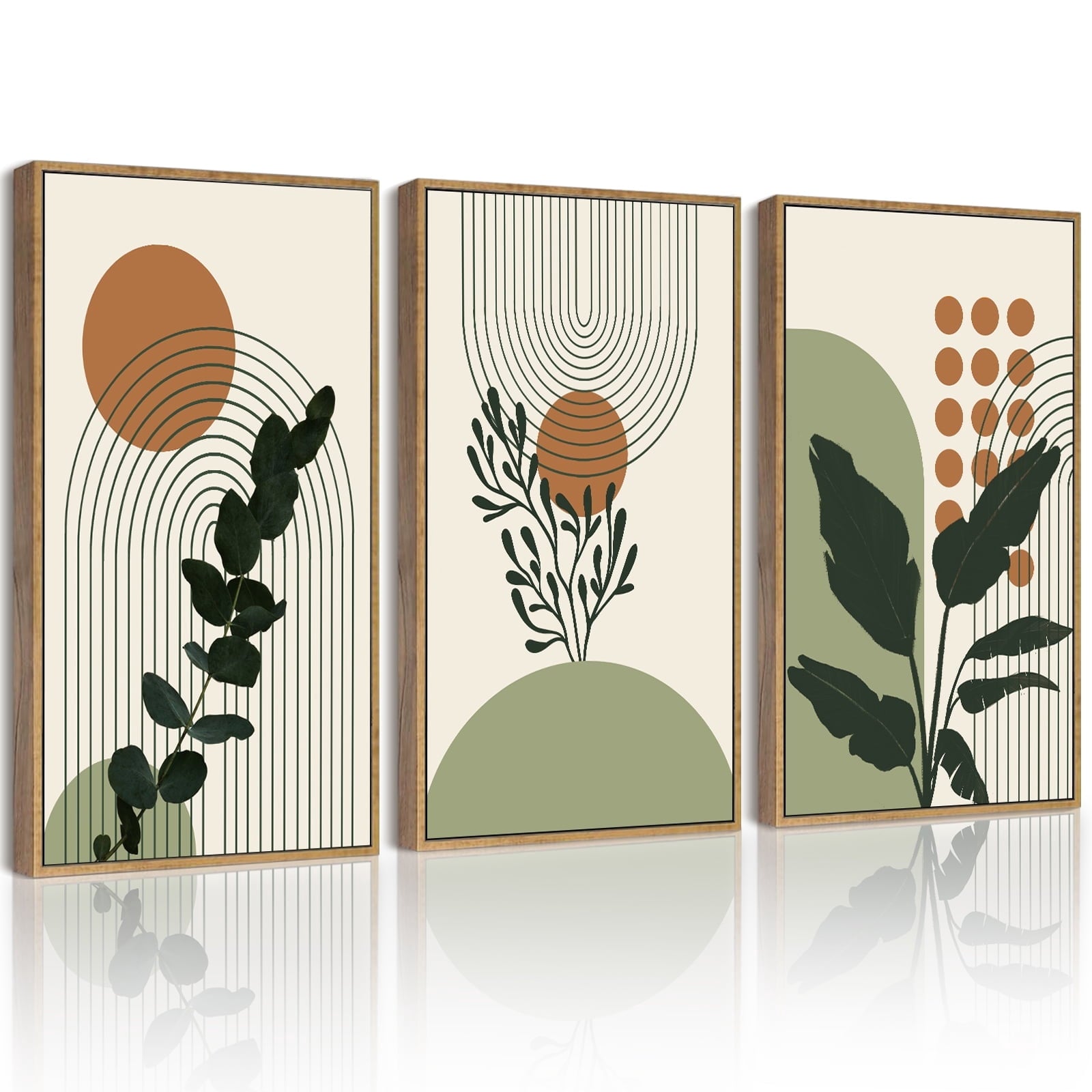 Green Botanical Bohemain Wall Boho Plant Wall Art Printing Abstract Canvas Prints with Leaf & Sun Lines for Office Dining Room Hallway 24x36in Natural Framed