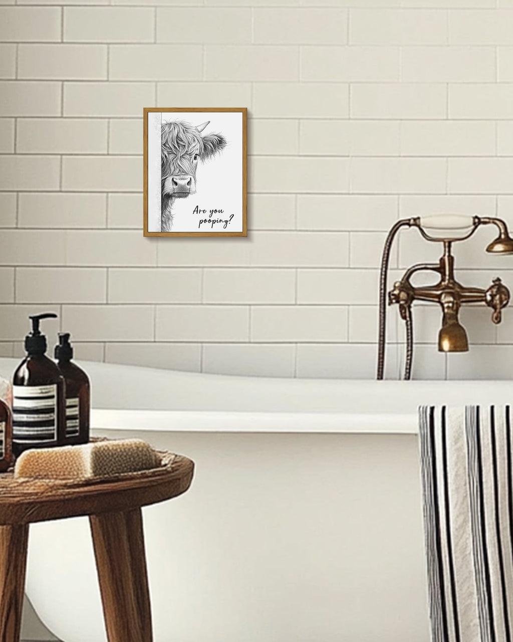 Drsoum Funny Highland Cow Bathroom Wall Art Rustic Farmhouse Wall Decor with Humorous Are You Pooping Canvas Print Cute Animal Canvas Art for Restroom 8x10in Brown Framed
