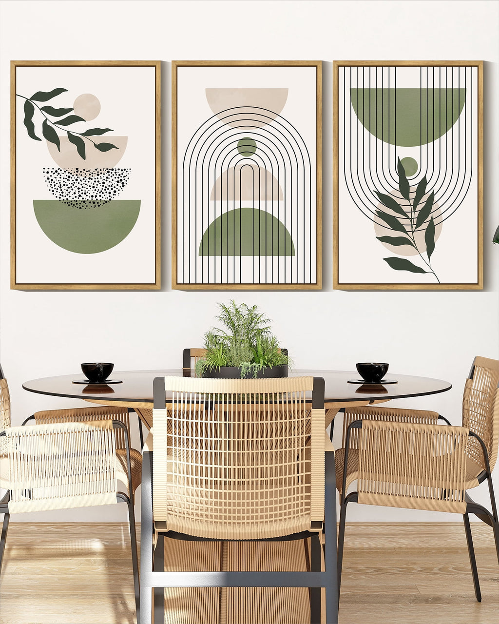 Drsoum Bohemia Art Modern Prints 16x24in3pcs Natural Framed Bohemain Printing Abstract with Leaf & Sun Lines Decor