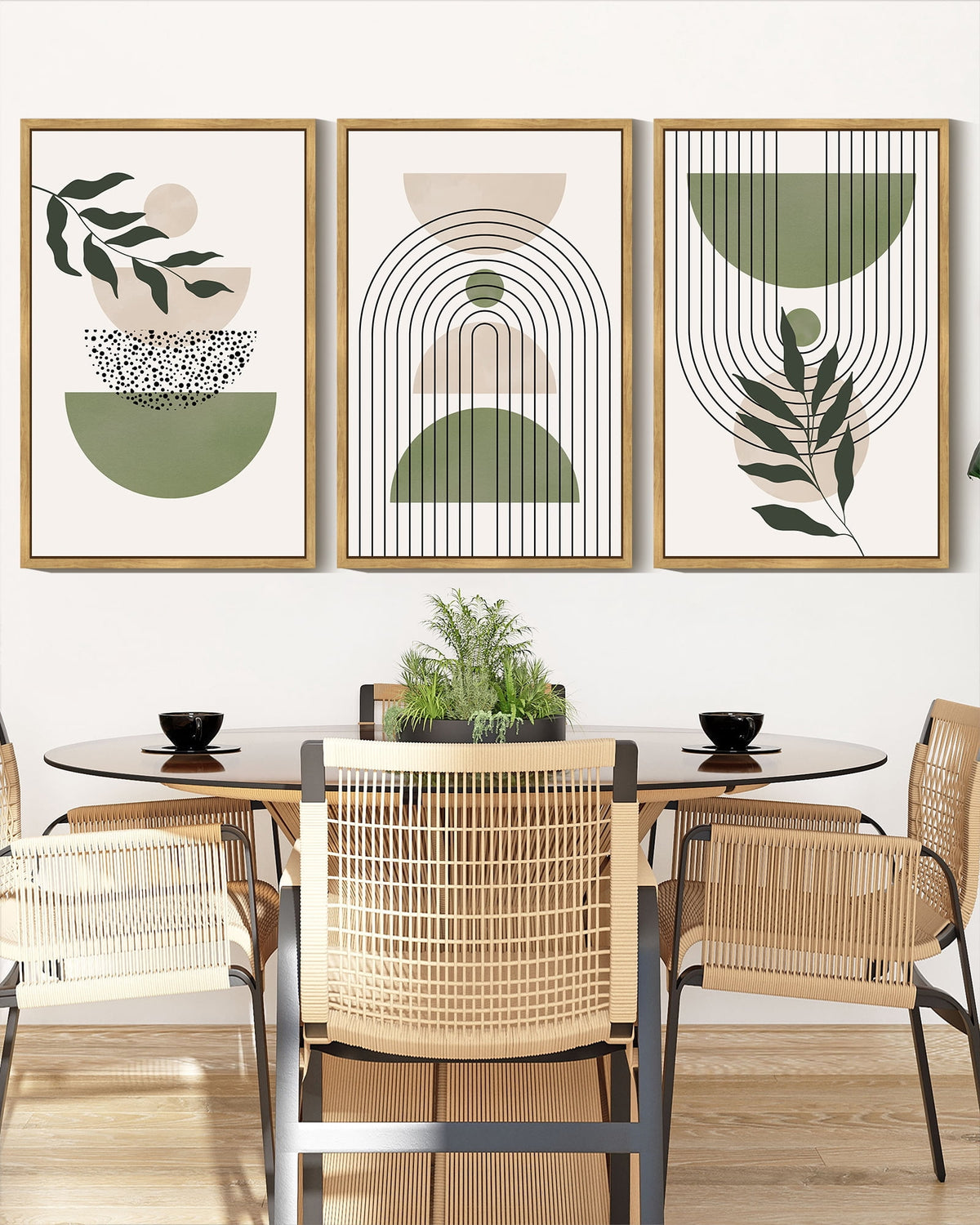 Drsoum Bohemia Art Modern Prints 16x24in3pcs Natural Framed Bohemain Printing Abstract with Leaf & Sun Lines Decor