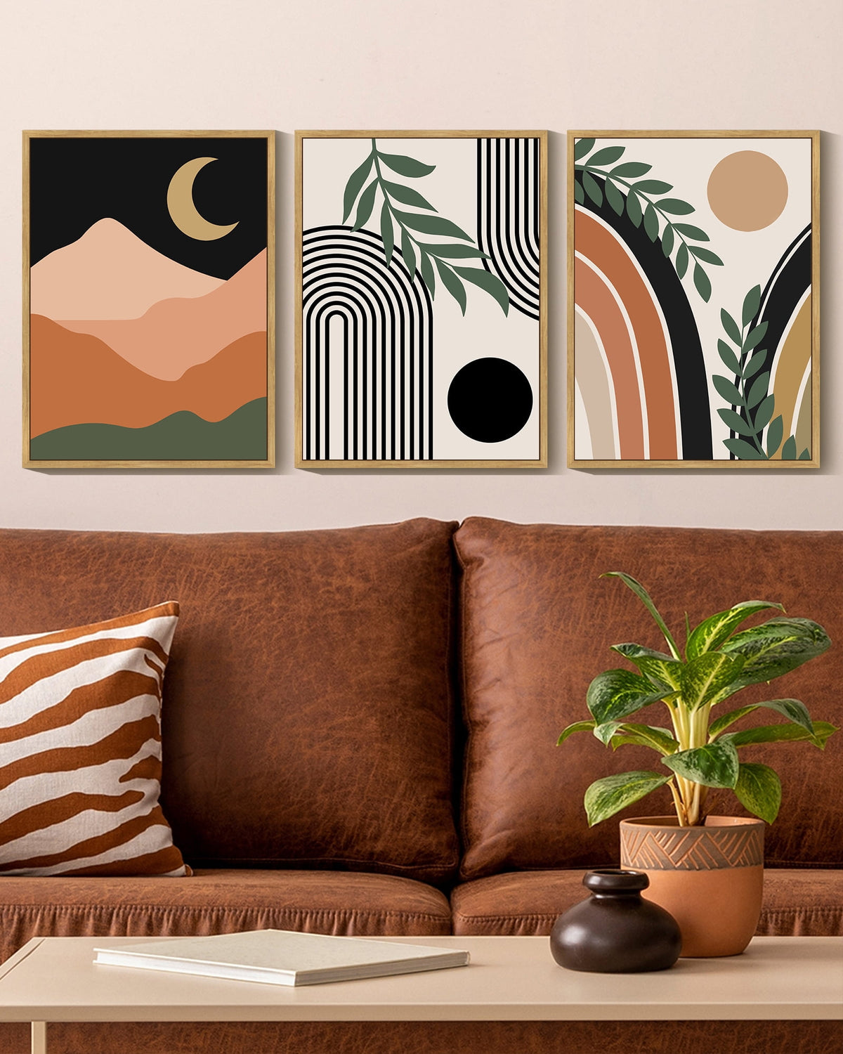 Drsoum Boho Wall Decor Modern Botanical Wall Art Minimalist Bohemian Moon Phases Painting 11x14in3pcs Natural Framed