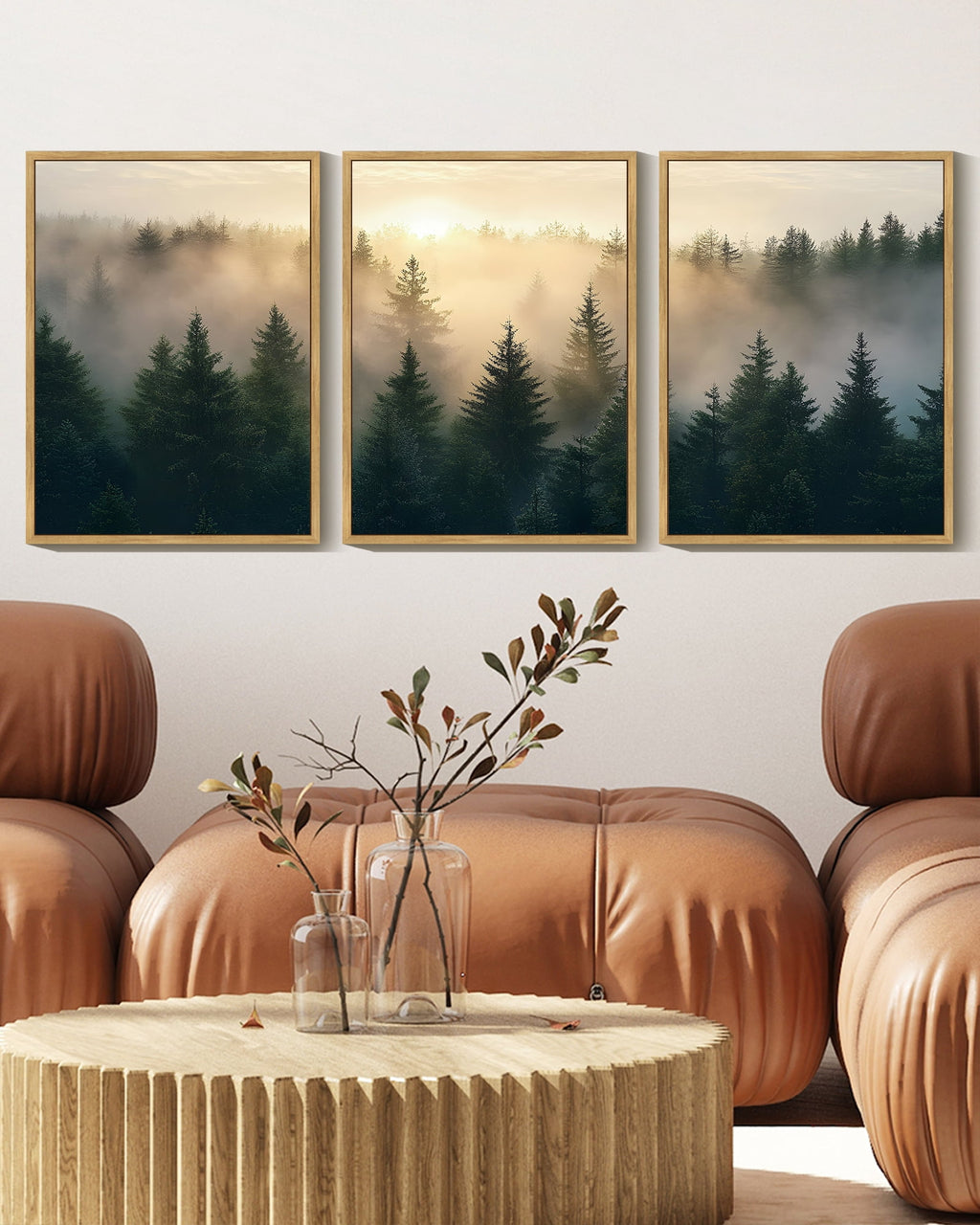 Drsoum Fog Pine Green Tree Forest Art Nordic Modern Mountain Artwork Prints Decor 11x14in3pcs Natural Framed