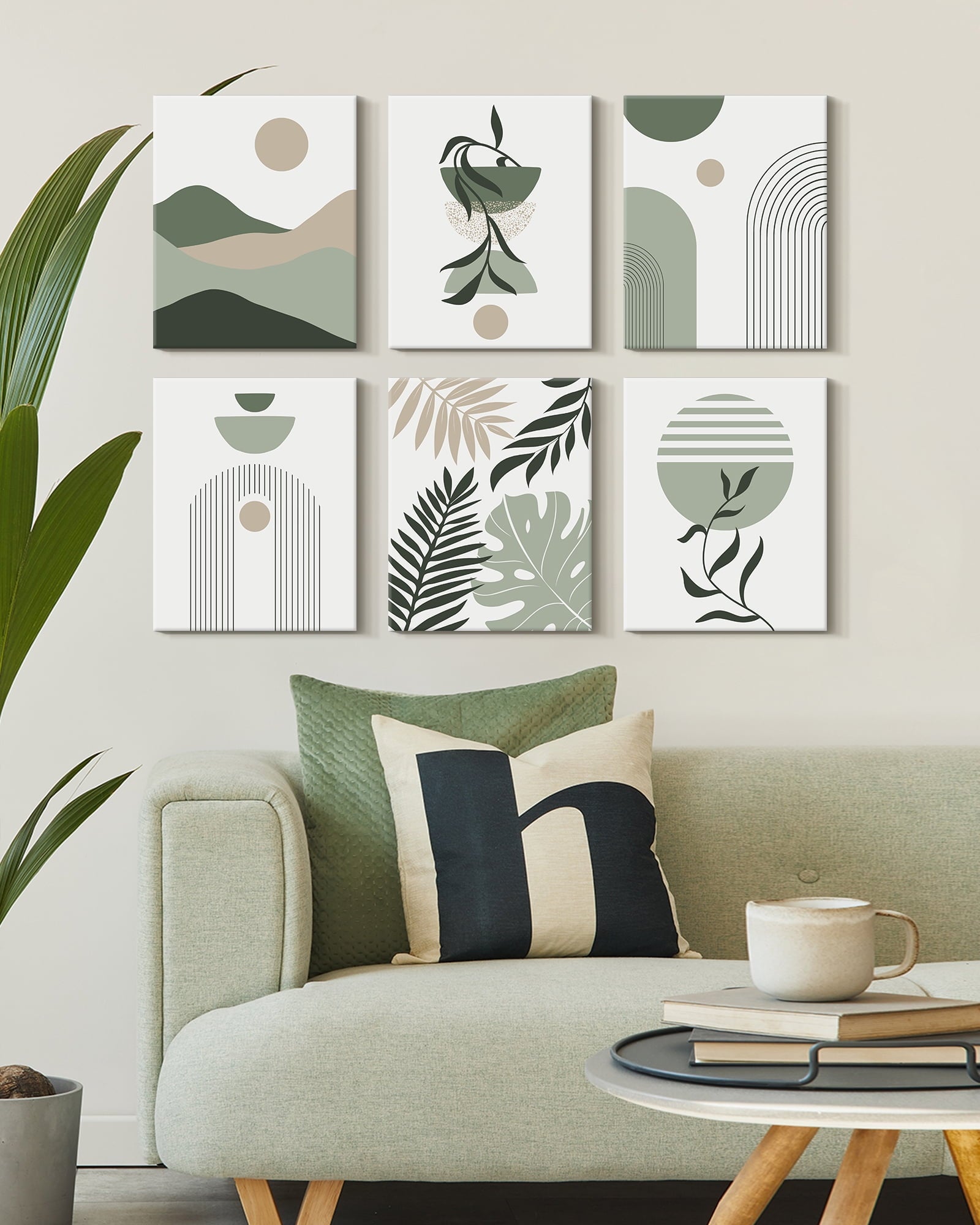 Drsoum Botanical Boho Wall Art Modern Sun Decor Minimalist Green Leaf Wall Painting 8x10in6pcs Natural Framed