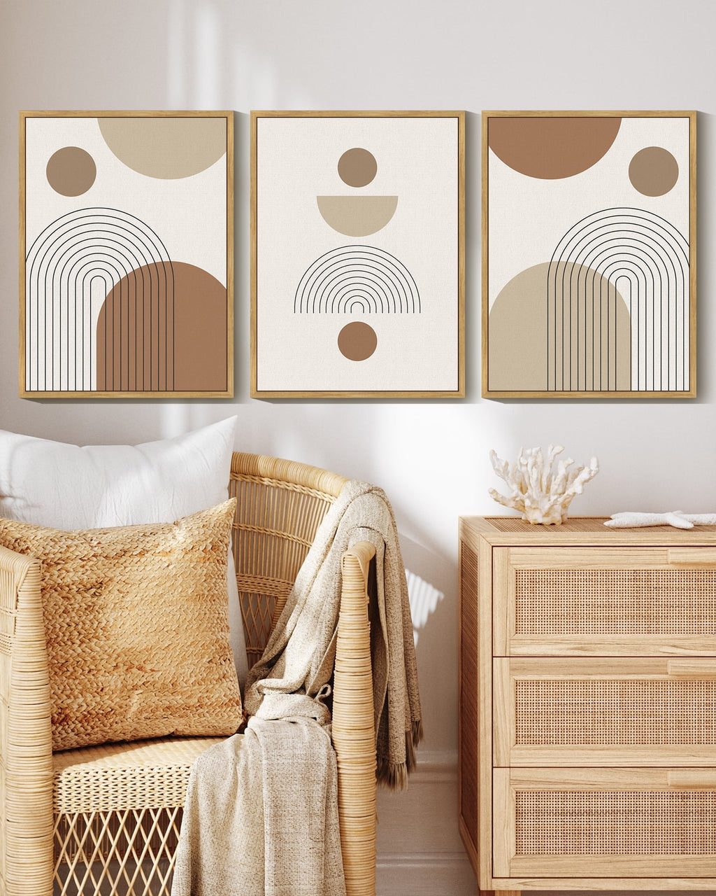 Drsoum Abstract Wall Art Bohemia Line Printing Minimalist for Bathroom Prints with Sun Lines 11x14in3pcs Natural Framed
