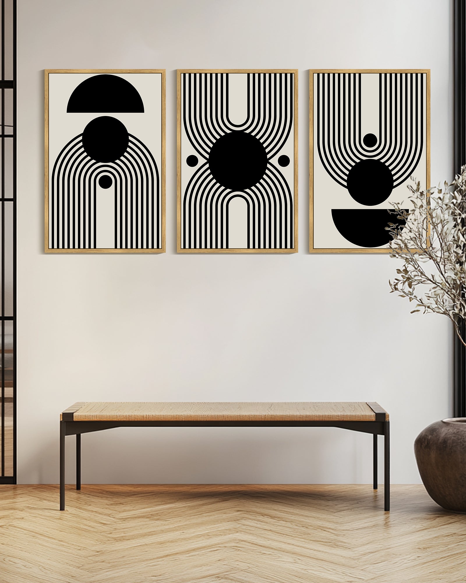 Drsoum Large 24x36in3pcs Natural Framed Black and White Abstract Wall Art Minimal Shapes Illustrations Modern Decor Ready To Hang