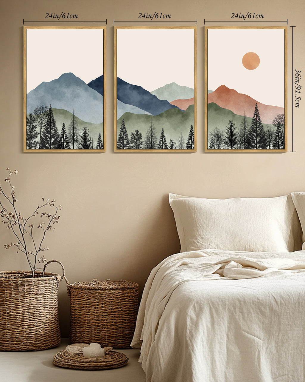 Drsoum Large 24x36in3pcs Natural Framed Mountain Wall Art Classic Retro Floral Wall Prints Farmhouse Kitchen Hallway Bedroom Decor