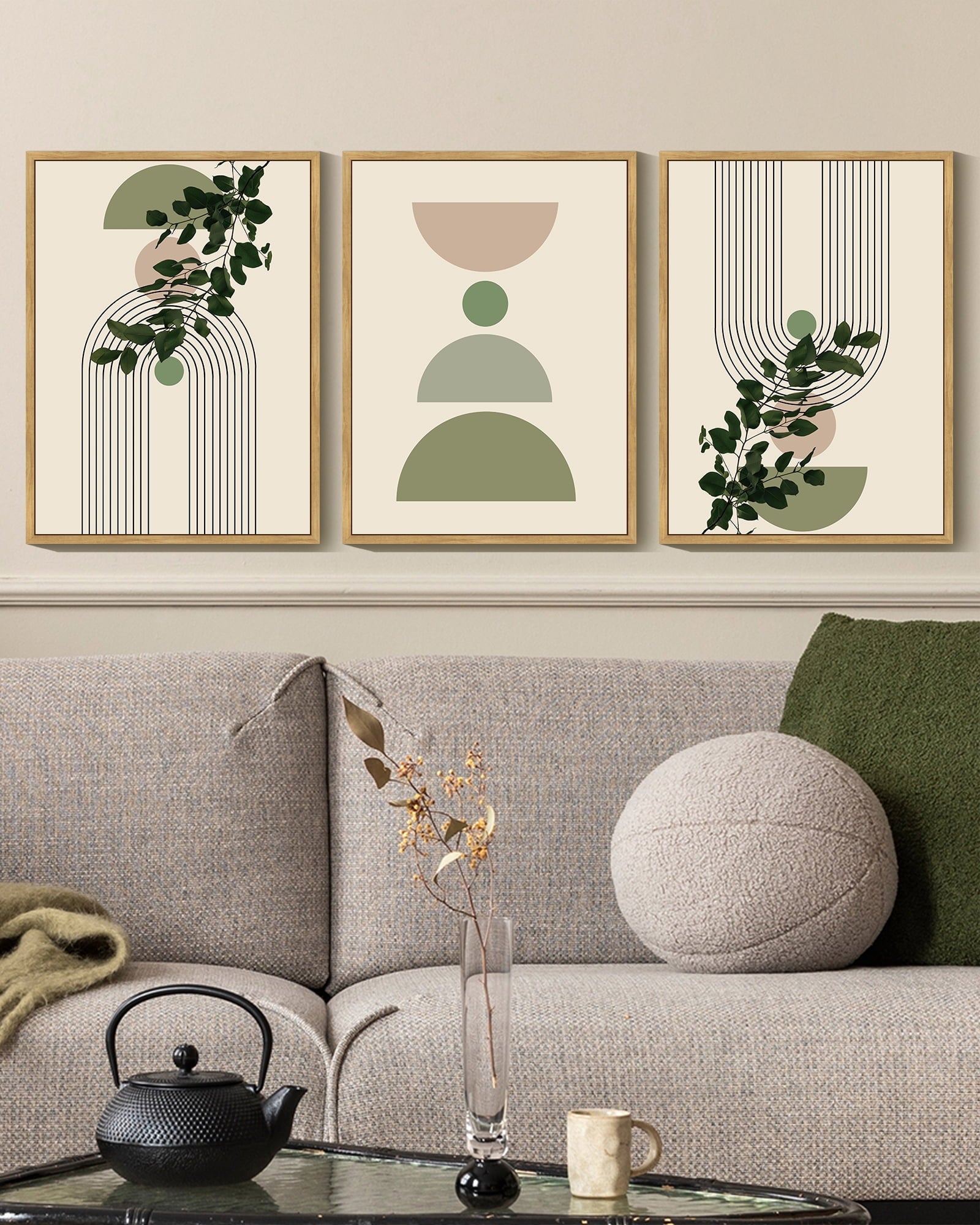 Drsoum Bohemia Decor Modern Prints Abstract with Green Leaf Wall Printing Bedroom Living Room Decor 11x14in3pcs Natural Framed