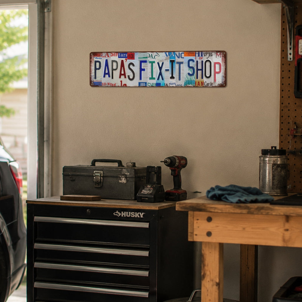 Drsoum Papas Fix It Shop Tin Sign Metal Retro License Plate Wall Decor for Garage