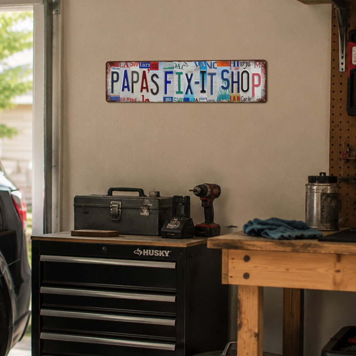 Drsoum Papas Fix It Shop Tin Sign Metal Retro License Plate Wall Decor for Garage
