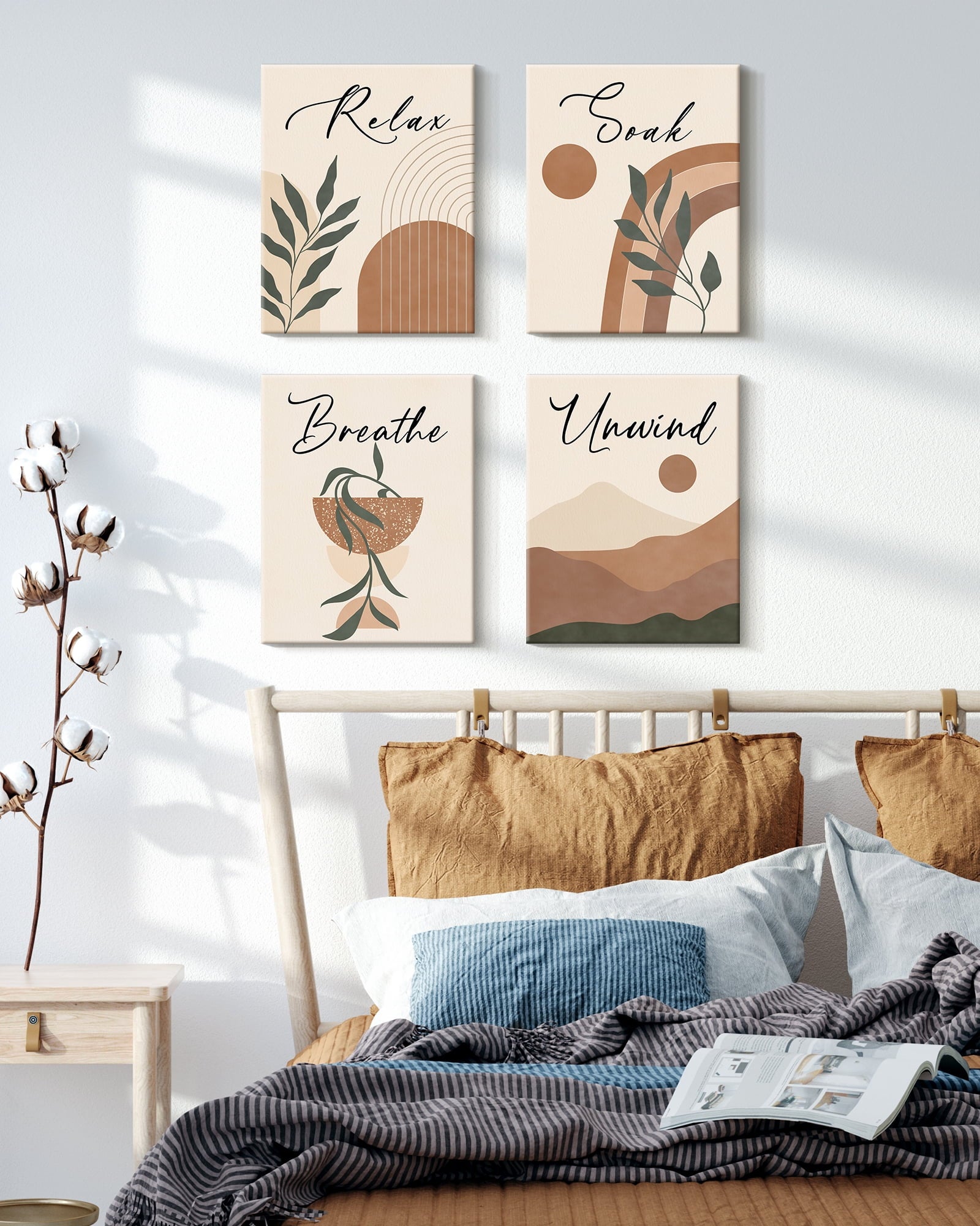 Drsoum Bohemia Plant Art Wall Decor Natural Framed Boho Wall Printing Abstract with Leaf & Sun Lines Bedroom Living Room Decor 8x10in4pcs
