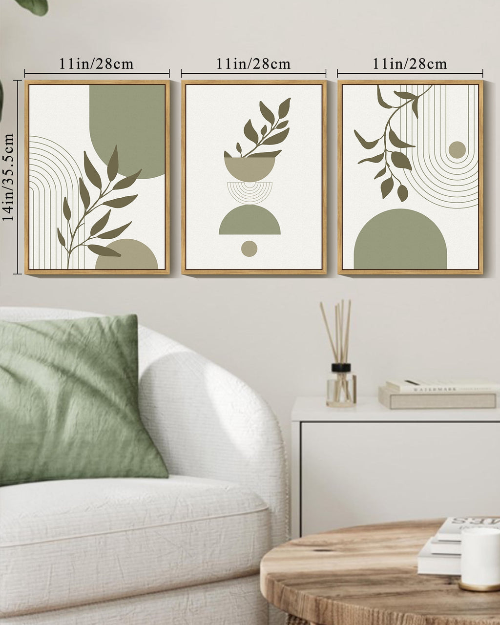 Drsoum Green Botanical Boho Wall Art Modern Boho Decor Abstract Geometry Lines Prints 11x14in3pcs Natural Framed