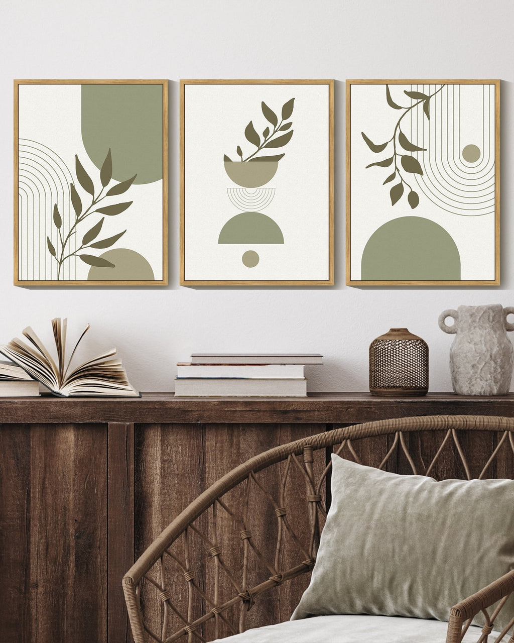Drsoum Green Botanical Boho Wall Art Modern Boho Decor Abstract Geometry Lines Prints 11x14in3pcs Natural Framed