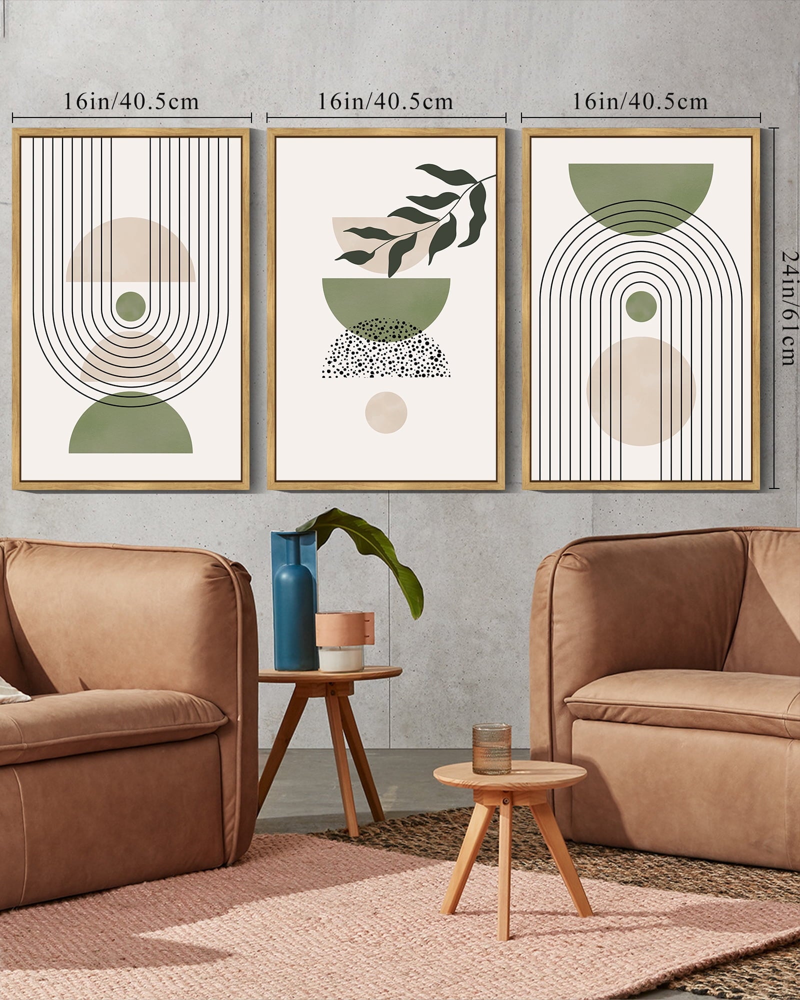 Drsoum Leaf Wall Art 16x24in3pcs Natural Framed Green Botanical Boho Printing Minimalist for Bathroom Prints